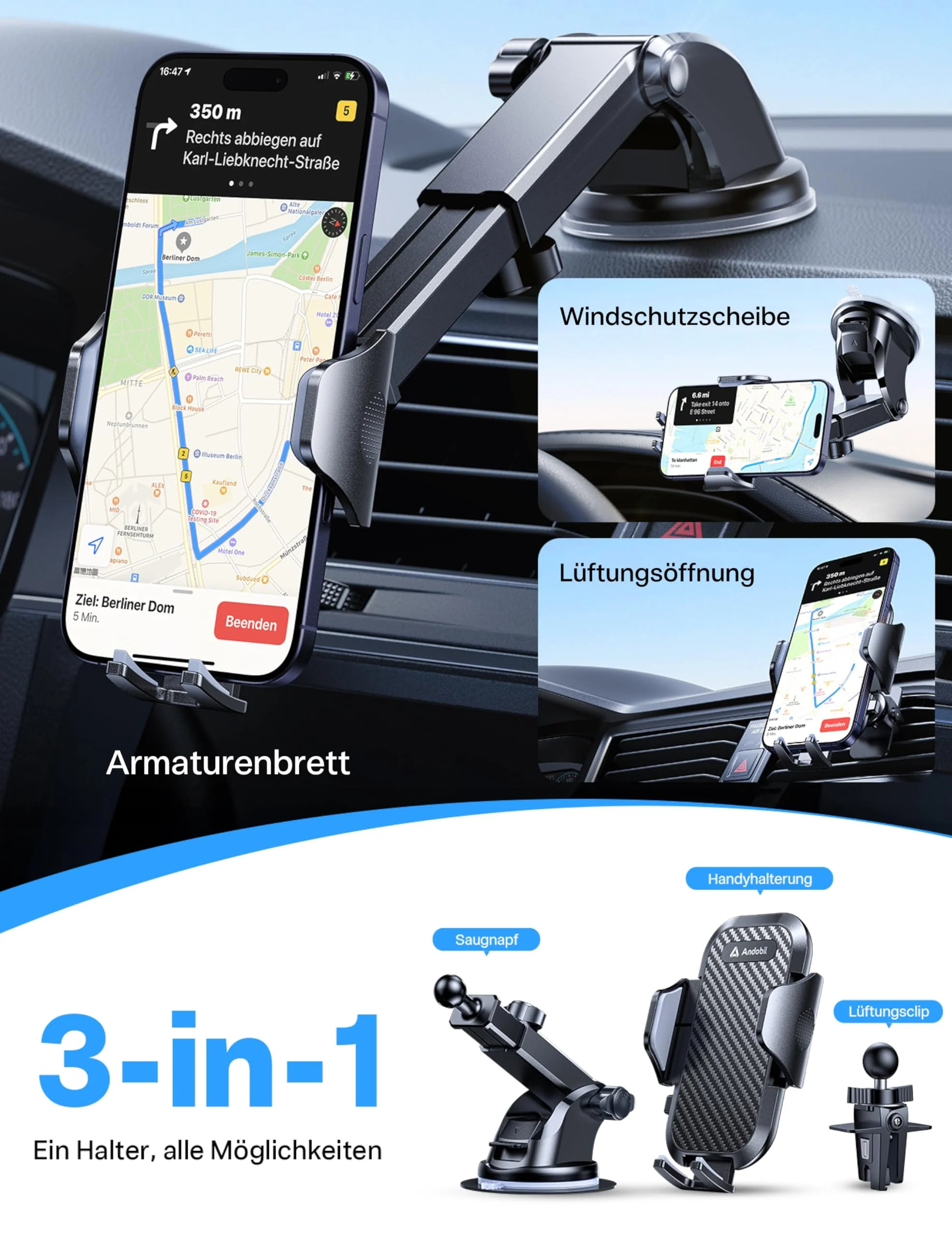 andobil Handyhalterung Auto [2026 3. Generation Upgrade] 3-in-1 Saugnapf & Lüftung Kfz Handyhalterung Universal Smartphone Handyhalter Auto für iPhone 17 Pro Max 16/15/14/13, Samsung S25 Ultra/S24/S23 - Image 8