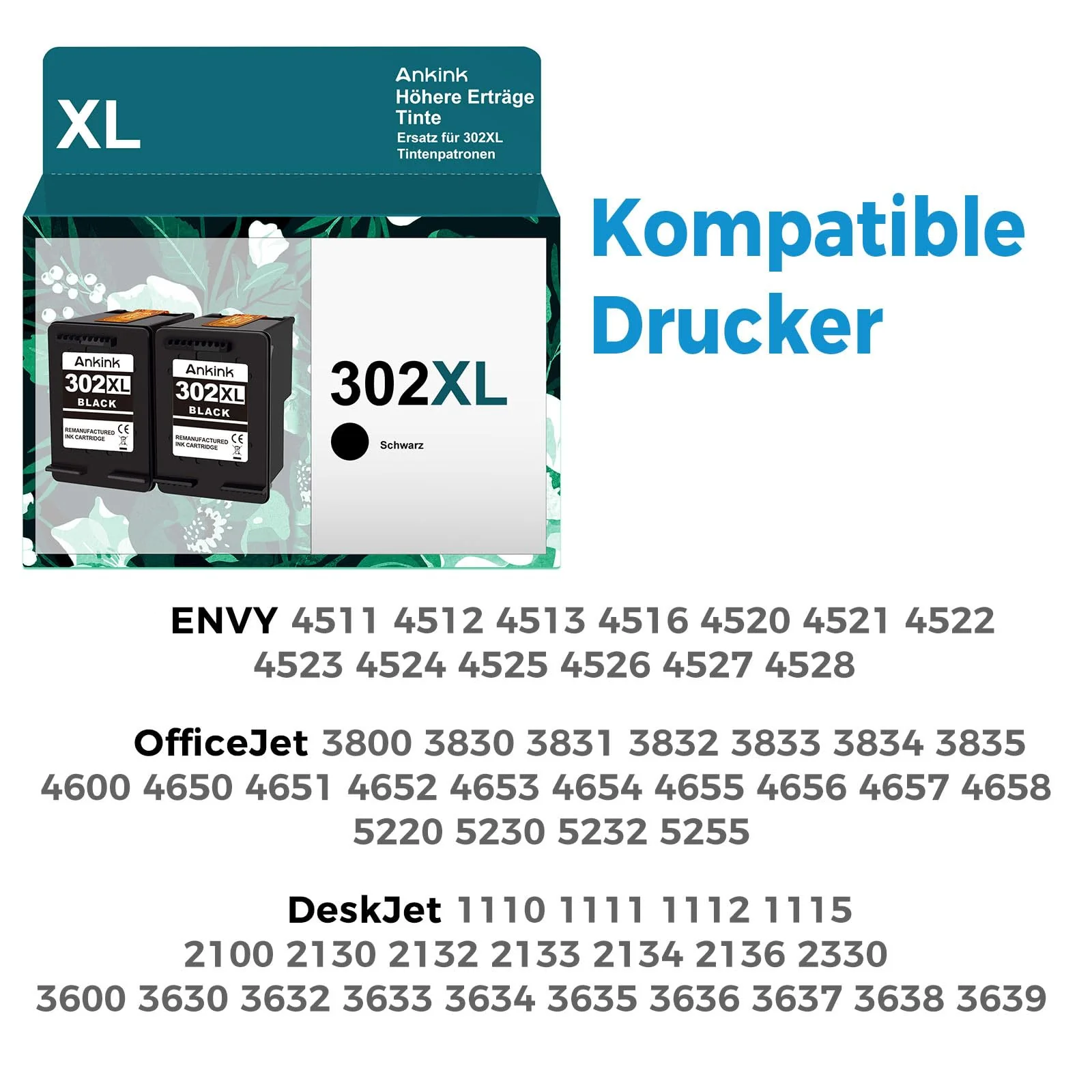 ANKINK Wiederaufbereitet Tintenpatrone Druckerpatronen als Ersatz für HP 302XL für Patrone 302 XL für 1110 2130 3630 3632 3634 3636 3639 4520 4524 4525 4526 4528 3830 3831 3833, Schwarz 2er-Pack - Image 2