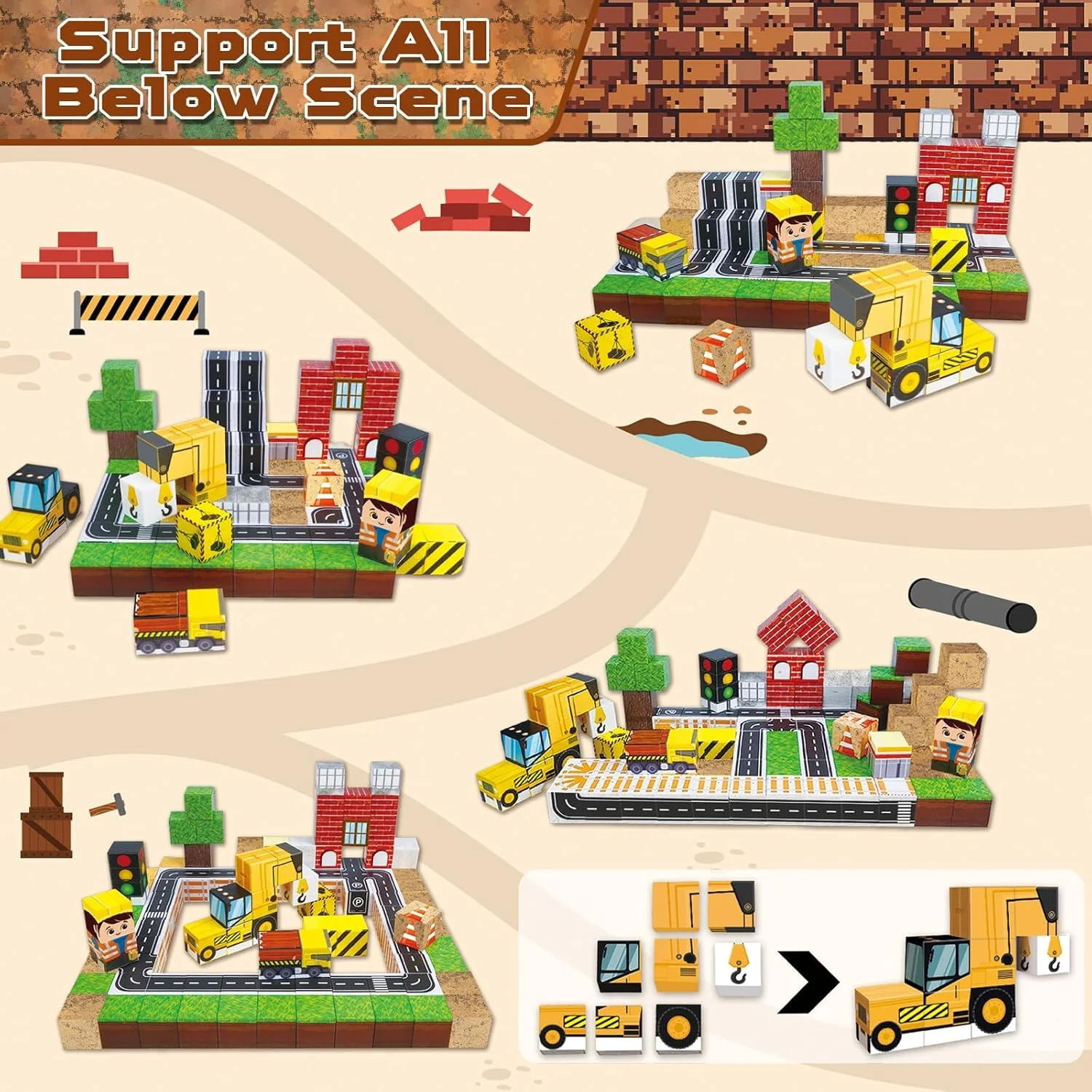 Annexfun Magnetische Bausteine Magnetische Bauwelt Straßenaufsatz Set Stadt mit Baufahrzeuge Magnetic Building Blocks Bagger Spielzeug ab 6 Jahren Baustellenfahrzeuge Kinder konstruktionsspielzeug - Image 5