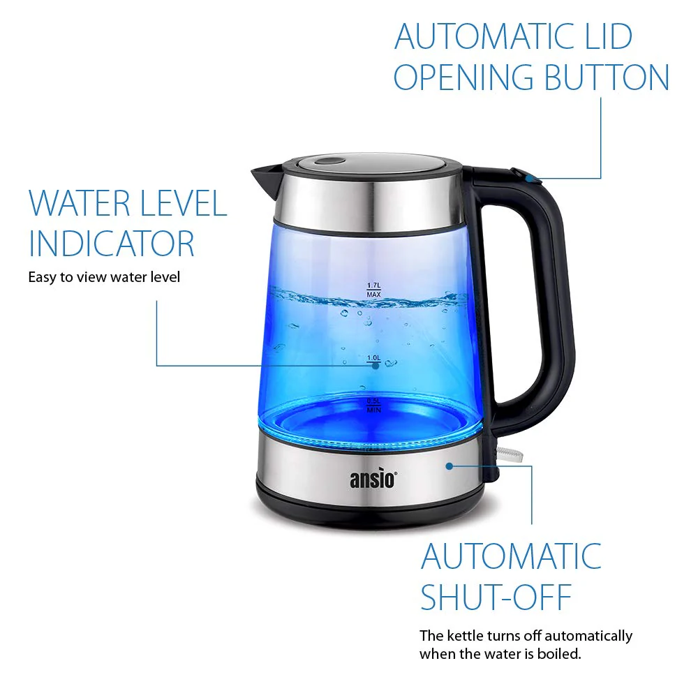 ANSIO Wasserkocher Edelstahl,1,7 Liter, 2200 watts Wasserkocher mit Herausnehmbarer Kalkfilter, Abschaltautomatik, Schnellkochfunktion Wasserstandsanzeige beleuchtet BPA Frei (Edelstahl-schwarz) - Image 4