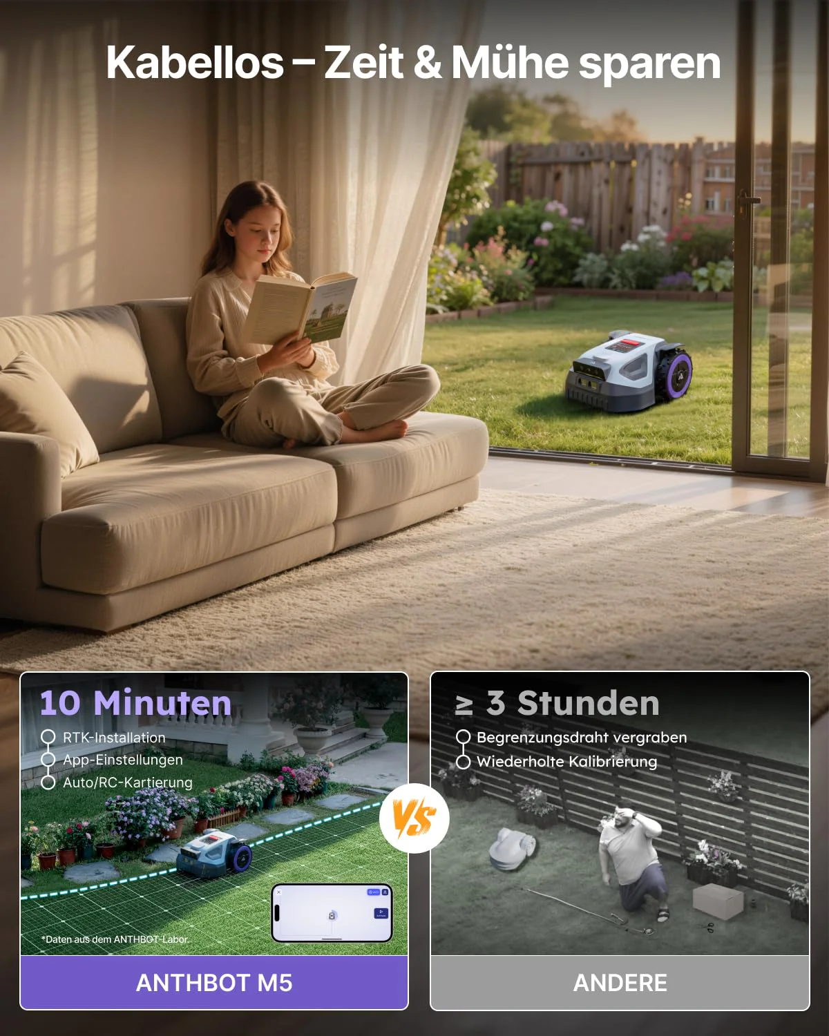 ANTHBOT M9 Mähroboter mit passender Garage, ohne Begrenzungskabel mit RTK-Navigation und Dual-Vision, KI-Hindernisvermeidung, für Gärten bis 900 m² (max. 1200 m²), Rasenroboter mit 45% Steigung - Image 2