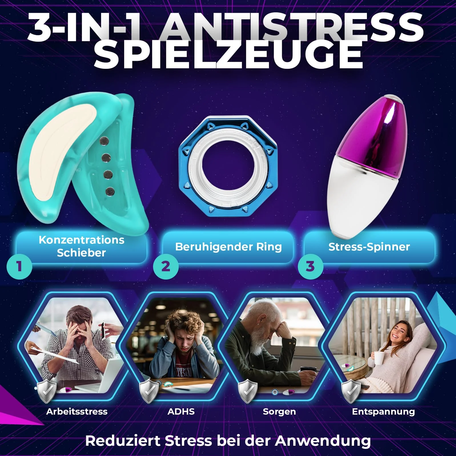 Anti-Stress Fidget Toy 3er-Set – Für Fokus, Ruhe & Balance im Alltag – Magnetisches Set mit Spinner, Slider & Ring – Für Erwachsene & Jugendliche – Geschenkidee - Image 4