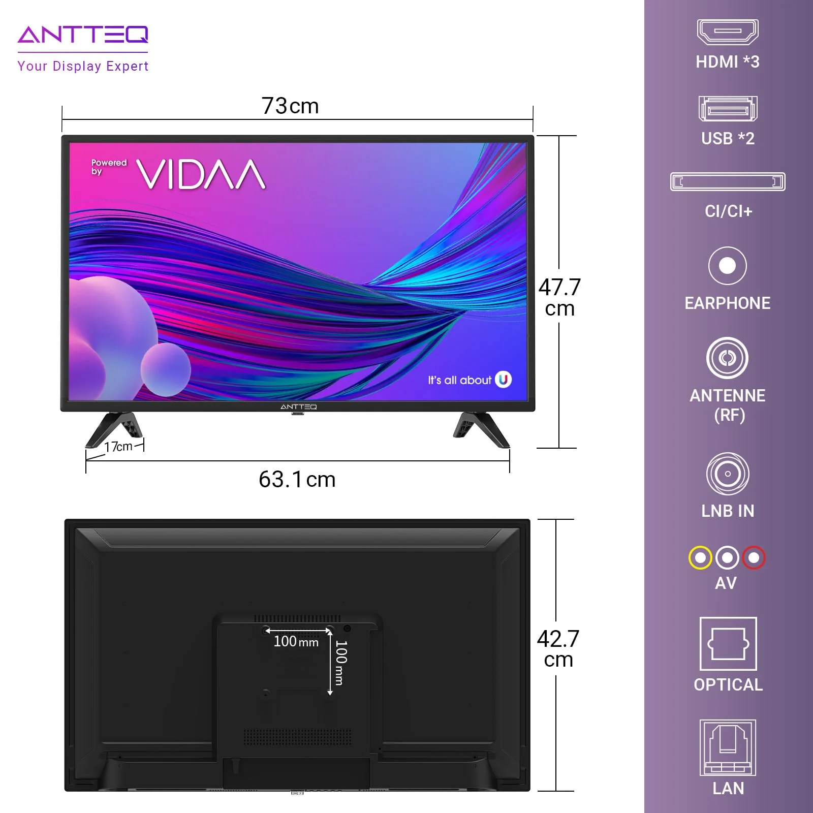 Antteq AV32 Fernseher 32 Zoll (80 cm) Smart TV mit Netflix, Prime Video, Rakuten TV, DAZN, Disney+, YouTube, UVM, WiFi, Triple-Tuner DVB-T2 / S2 / C, Dolby Audio 2024 - Image 2