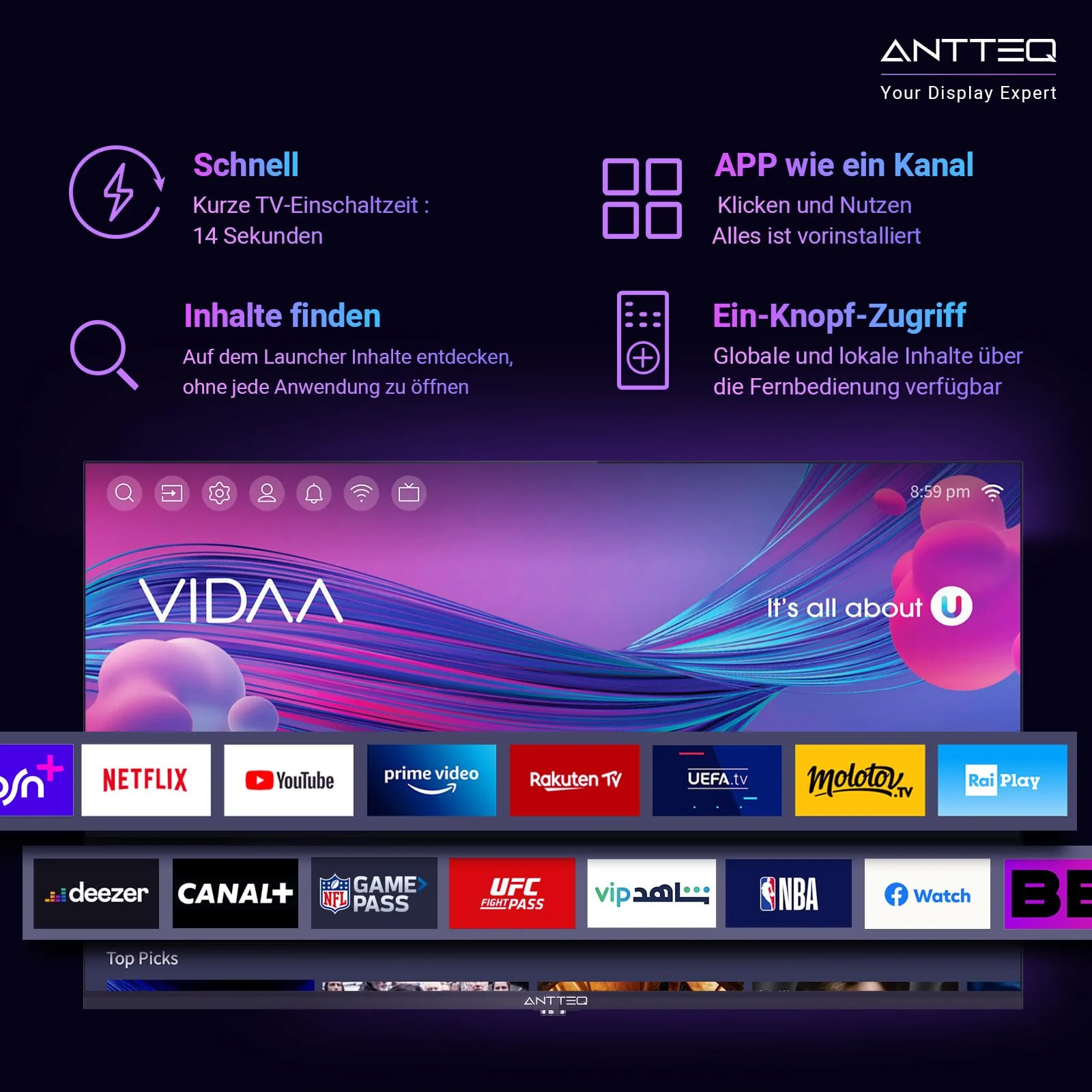 Antteq AV32 Fernseher 32 Zoll (80 cm) Smart TV mit Netflix, Prime Video, Rakuten TV, DAZN, Disney+, YouTube, UVM, WiFi, Triple-Tuner DVB-T2 / S2 / C, Dolby Audio 2024 - Image 7