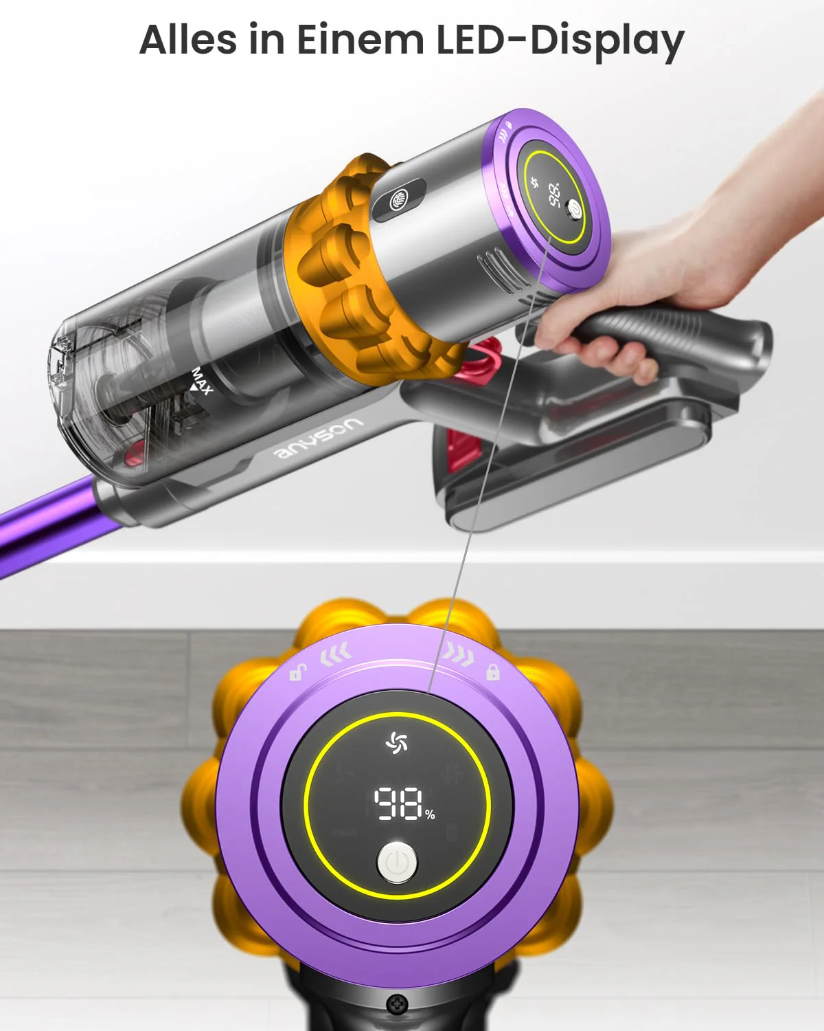 Anyson 45000Pa/550W/70Min Staubsauger Kabellos, 1.6L Akku Staubsauger Super Leise, Akkustaubsauger Selbstladender mit LED Display/Anti-Tangle-Bürste, Stabstaubsauger für Hartböden Teppiche Tierhaare - Image 2