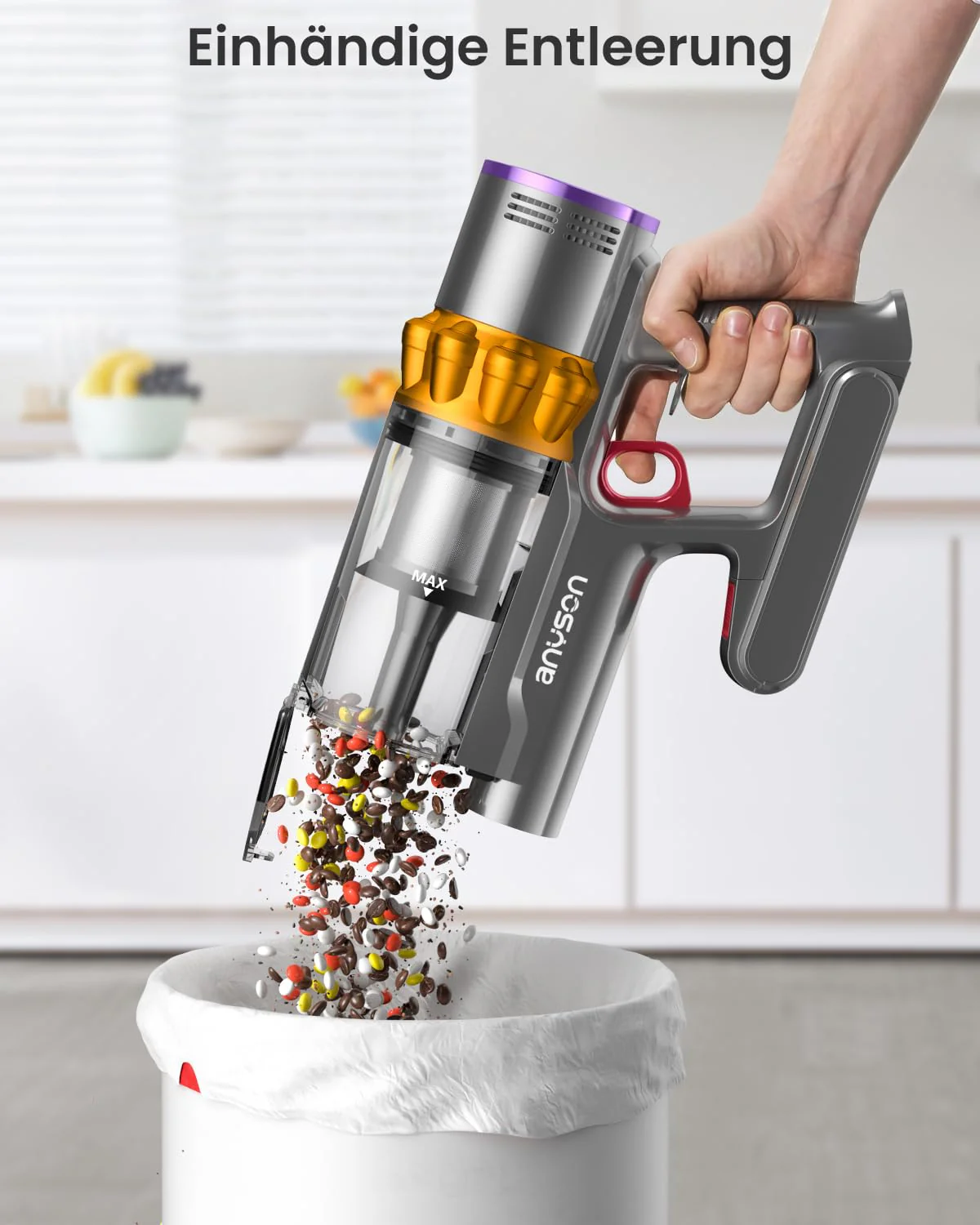 Anyson 45000Pa/550W/70Min Staubsauger Kabellos, 1.6L Akku Staubsauger Super Leise, Akkustaubsauger Selbstladender mit LED Display/Anti-Tangle-Bürste, Stabstaubsauger für Hartböden Teppiche Tierhaare - Image 3