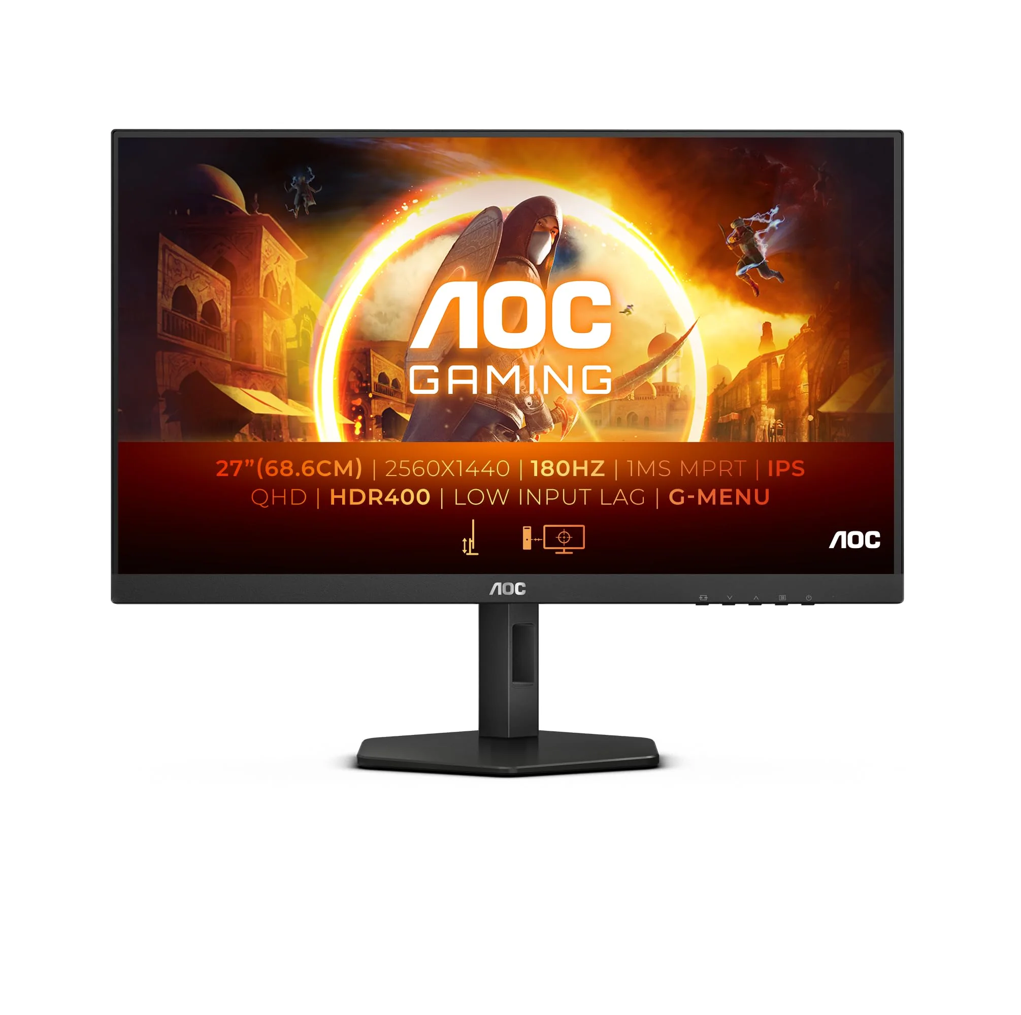 AOC Gaming Q27G4XD – 27-Zoll-QHD-Monitor, 180 Hz, 1 ms GTG, schnelles IPS, FreeSync Prem, G-Sync Comp, HDR400, höhenverstellbar (2560 x 1420, HDMI 2.0, DisplyPort 1.4, USB-Hub) - Image 4