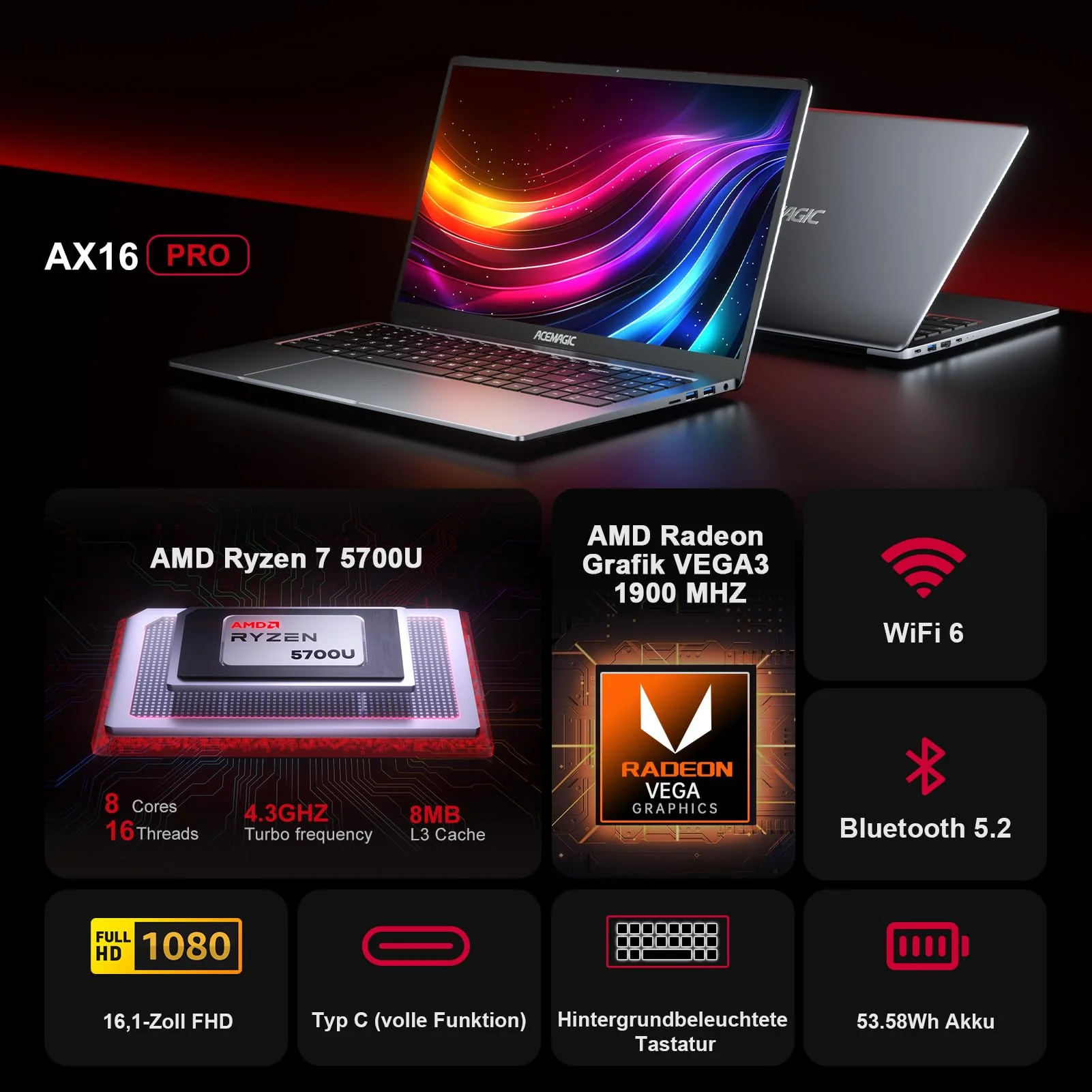 AOC Laptop,Ryzen 7 5700U(16-Thread CPU),Bis zu 4,3 GHz,Backlit Keyboard Computer,16,1 Zoll FHD Schlank Notebook,16GB RAM 512GB SSD,Radeon RX Vega 8 Graphics,USB 3.2,WiFi 6,HDM - Image 8