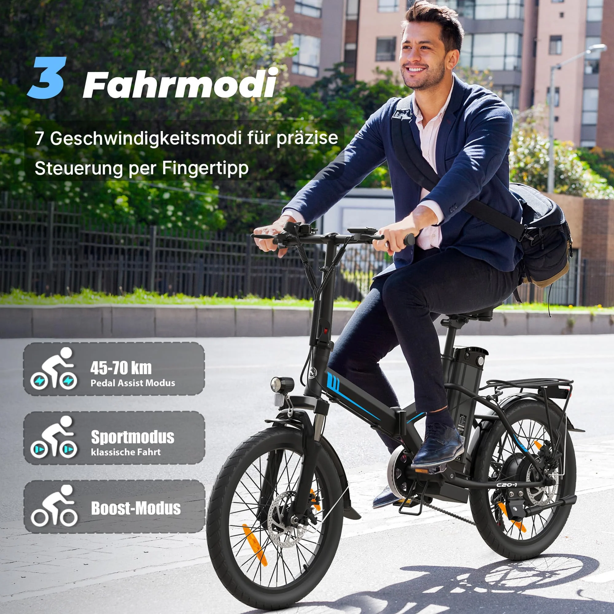AOIHO E Bike, 20" EBike Klapprad mit 48V 374.4 Wh Lithium-Akku, Reichweite Max 70KM, Elektrofahrräder 250W Motor, 5 Fahrmodi, City E Fahrrad Herren Damen mit 7 Gängen EU-Konformes Klapprad E-Bike - Image 3