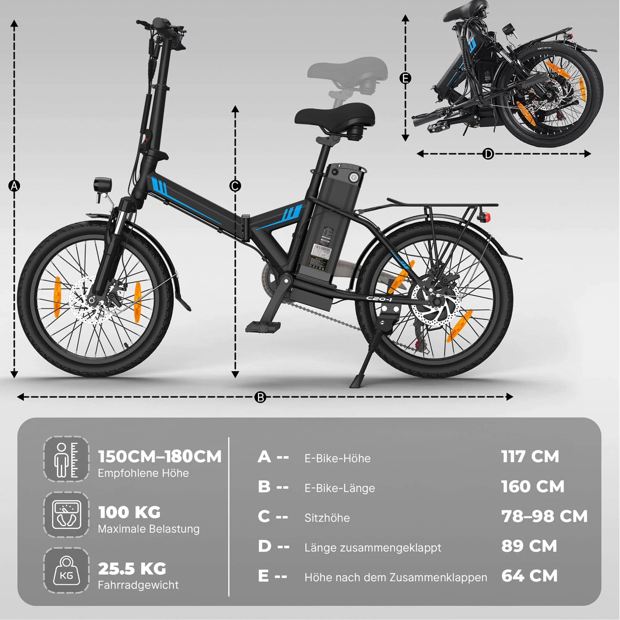 AOIHO E Bike, 20" EBike Klapprad mit 48V 374.4 Wh Lithium-Akku, Reichweite Max 70KM, Elektrofahrräder 250W Motor, 5 Fahrmodi, City E Fahrrad Herren Damen mit 7 Gängen EU-Konformes Klapprad E-Bike - Image 4