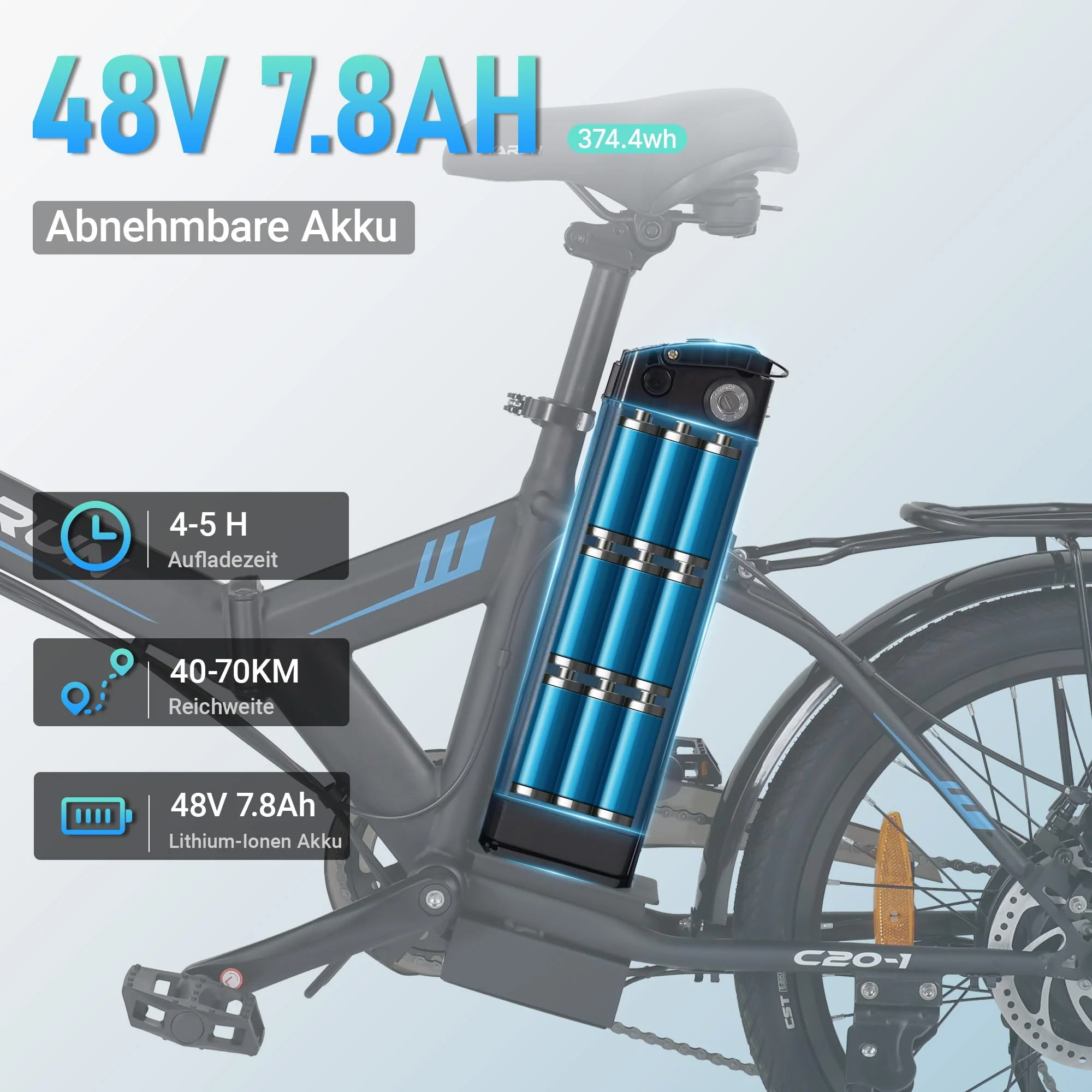 AOIHO E Bike, 20" EBike Klapprad mit 48V 374.4 Wh Lithium-Akku, Reichweite Max 70KM, Elektrofahrräder 250W Motor, 5 Fahrmodi, City E Fahrrad Herren Damen mit 7 Gängen EU-Konformes Klapprad E-Bike - Image 6