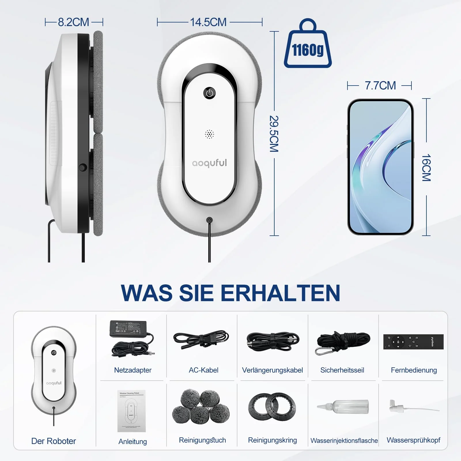 AOQUFUL intelligenter Fensterputzroboter, elektrischer Fensterputzer mit Dual-Wasserspray, automatischer Fensterroboter mit Fernbedienung und App, für Innen- und Außenfenster und Glas,12 Tücher, weiß - Image 2