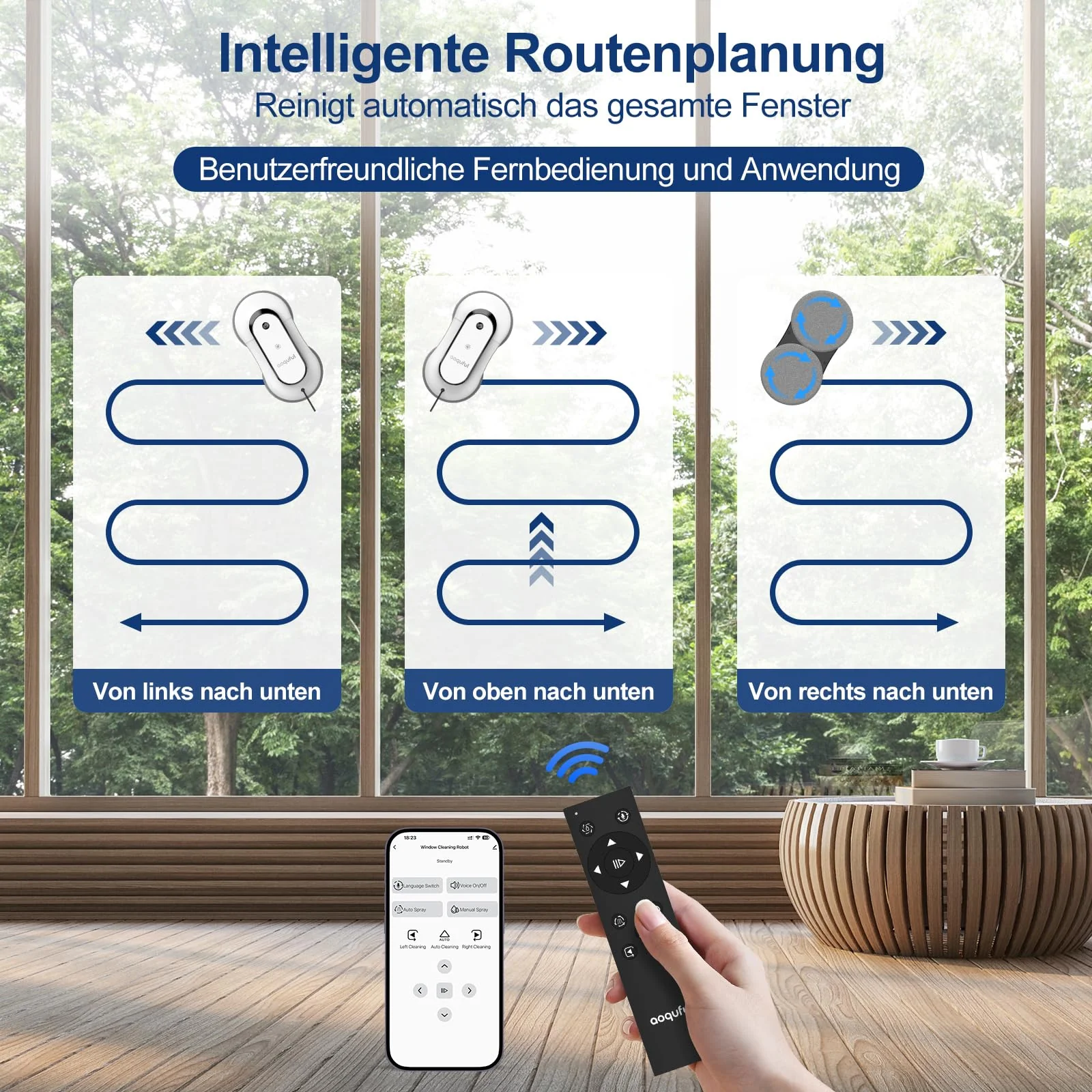 AOQUFUL intelligenter Fensterputzroboter, elektrischer Fensterputzer mit Dual-Wasserspray, automatischer Fensterroboter mit Fernbedienung und App, für Innen- und Außenfenster und Glas,12 Tücher, weiß - Image 4