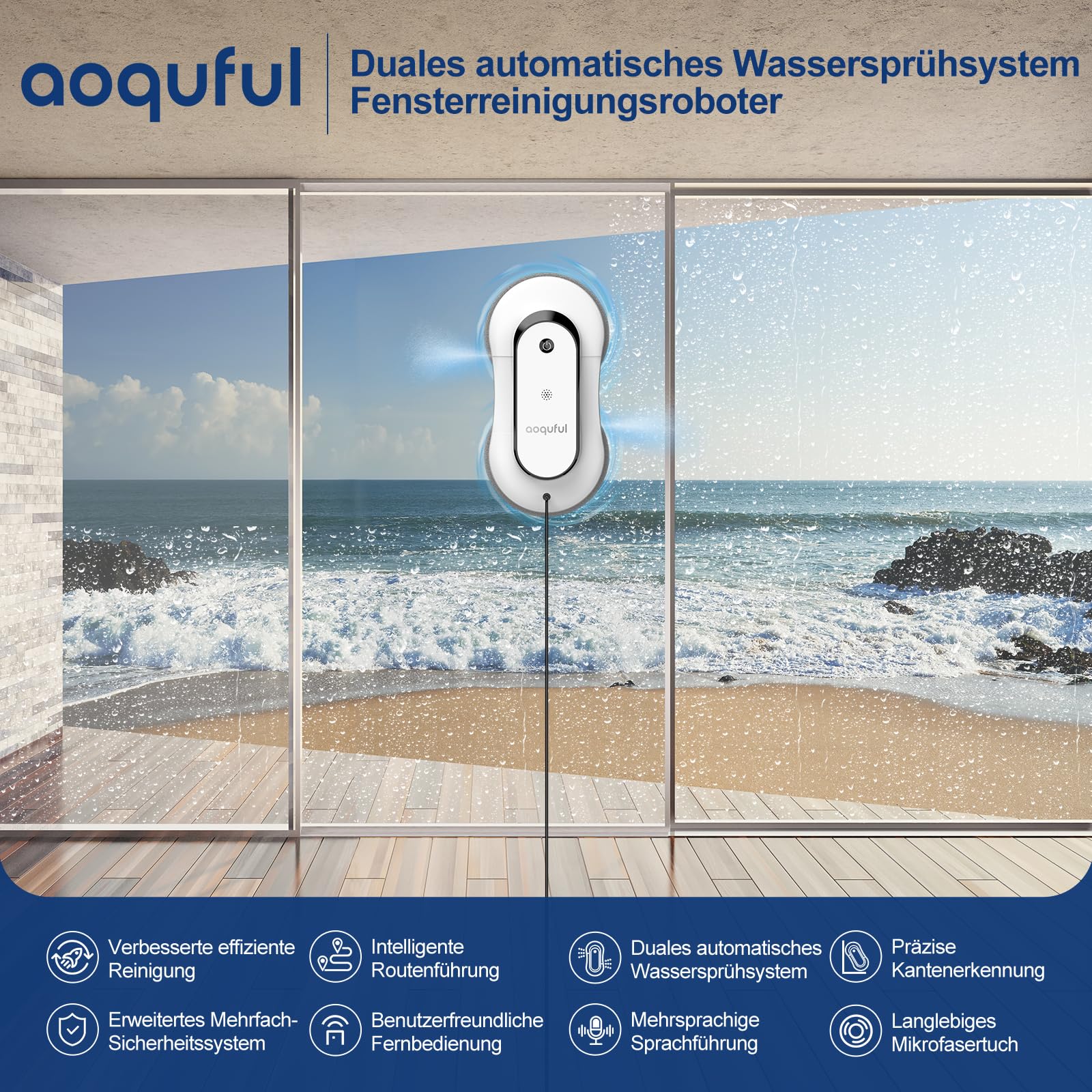 AOQUFUL intelligenter Fensterputzroboter, elektrischer Fensterputzer mit Dual-Wasserspray, automatischer Fensterroboter mit Fernbedienung und App, für Innen- und Außenfenster und Glas,12 Tücher, weiß - Image 6