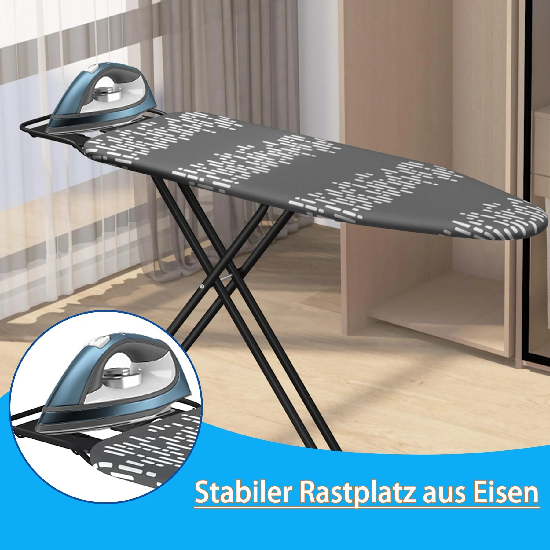 Aoufottes Klappbares Bügelbrett, Robustes Dampfbügelbrett mit Bügeleisenablage,mit rutschfesten Füßen, stabiles Gestell,Tischbügelbrett mit Verstellbarer Höhe, Ironing area120x38cm(grau) - Image 3