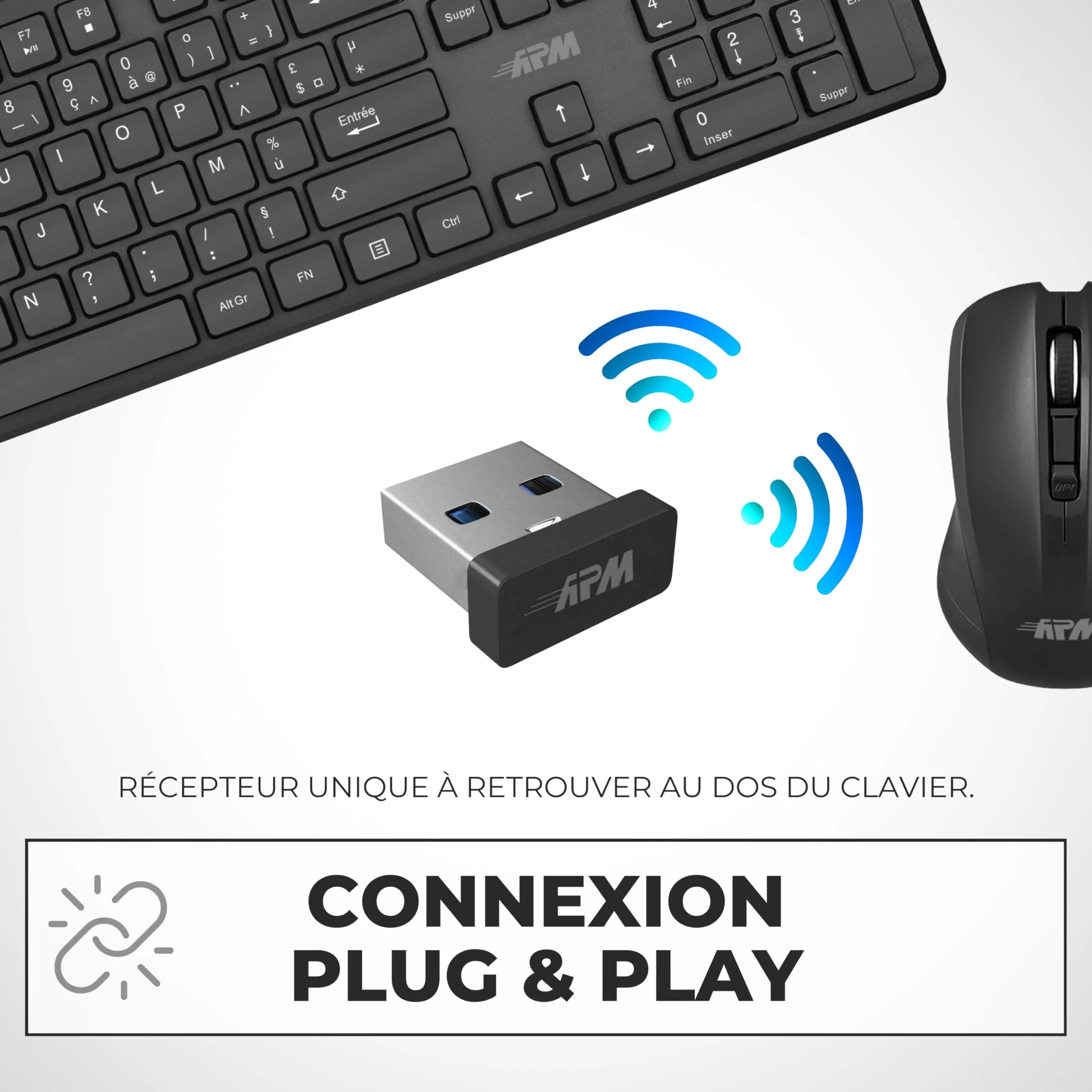 APM 100042 – Set mit kabelloser Tastatur – Kombination aus Tastatur und optischer Maus – kabellose Technologie 2,4 GHz – ultraschnelle Bedienung – Tastenkombination – Büro-Tastatur – Schwarz - Image 3