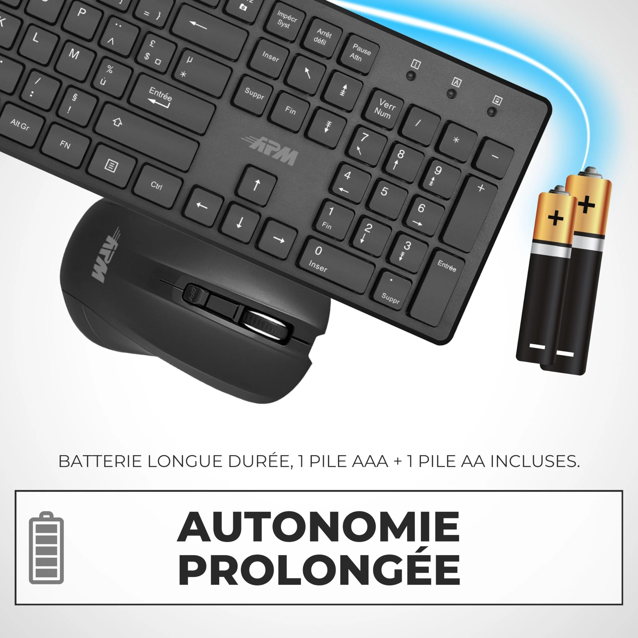APM 100042 – Set mit kabelloser Tastatur – Kombination aus Tastatur und optischer Maus – kabellose Technologie 2,4 GHz – ultraschnelle Bedienung – Tastenkombination – Büro-Tastatur – Schwarz - Image 7