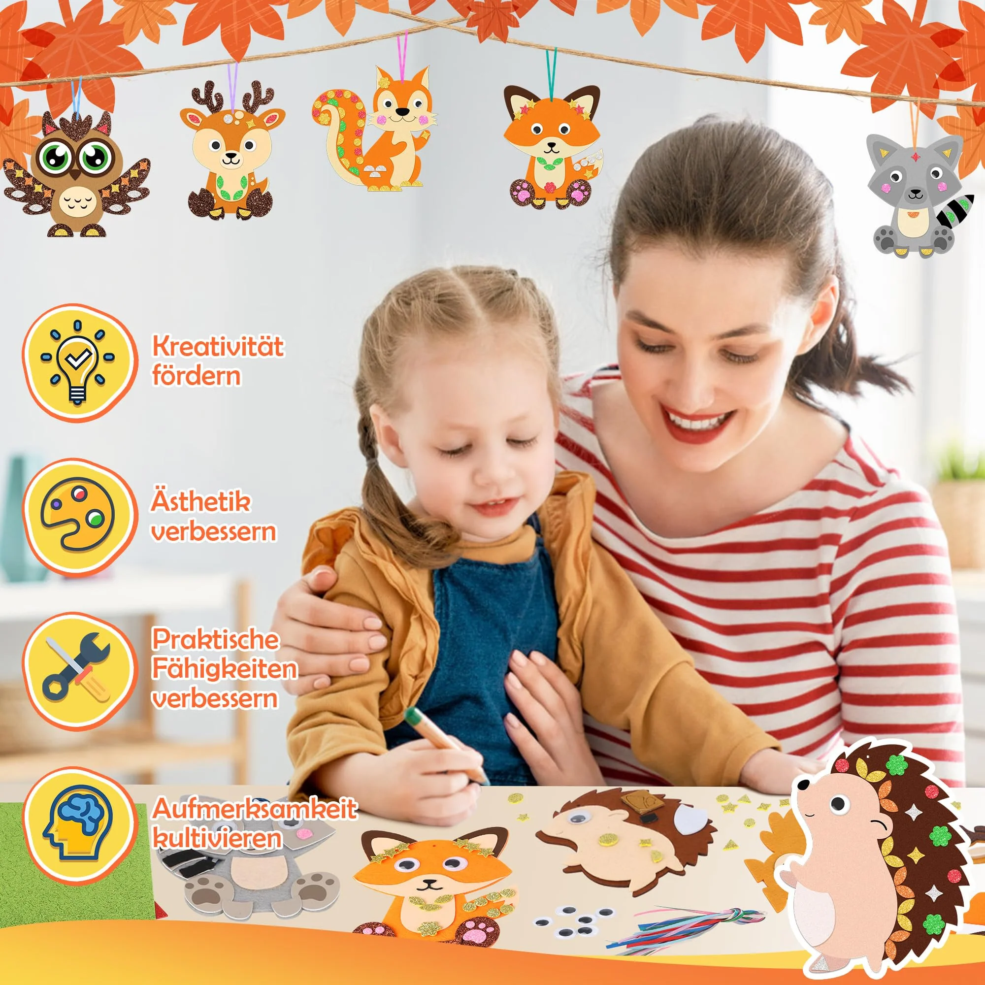 Aragallant 12 Herbst Tier Bastelsets für Kinder 3+, Herbst Kreativsets zum Herbst Basteln Bastelhandwerk mit Moosgummi Schablonen Aufkleber, DIY Herbstdeko Fenster Anhänger - Image 3