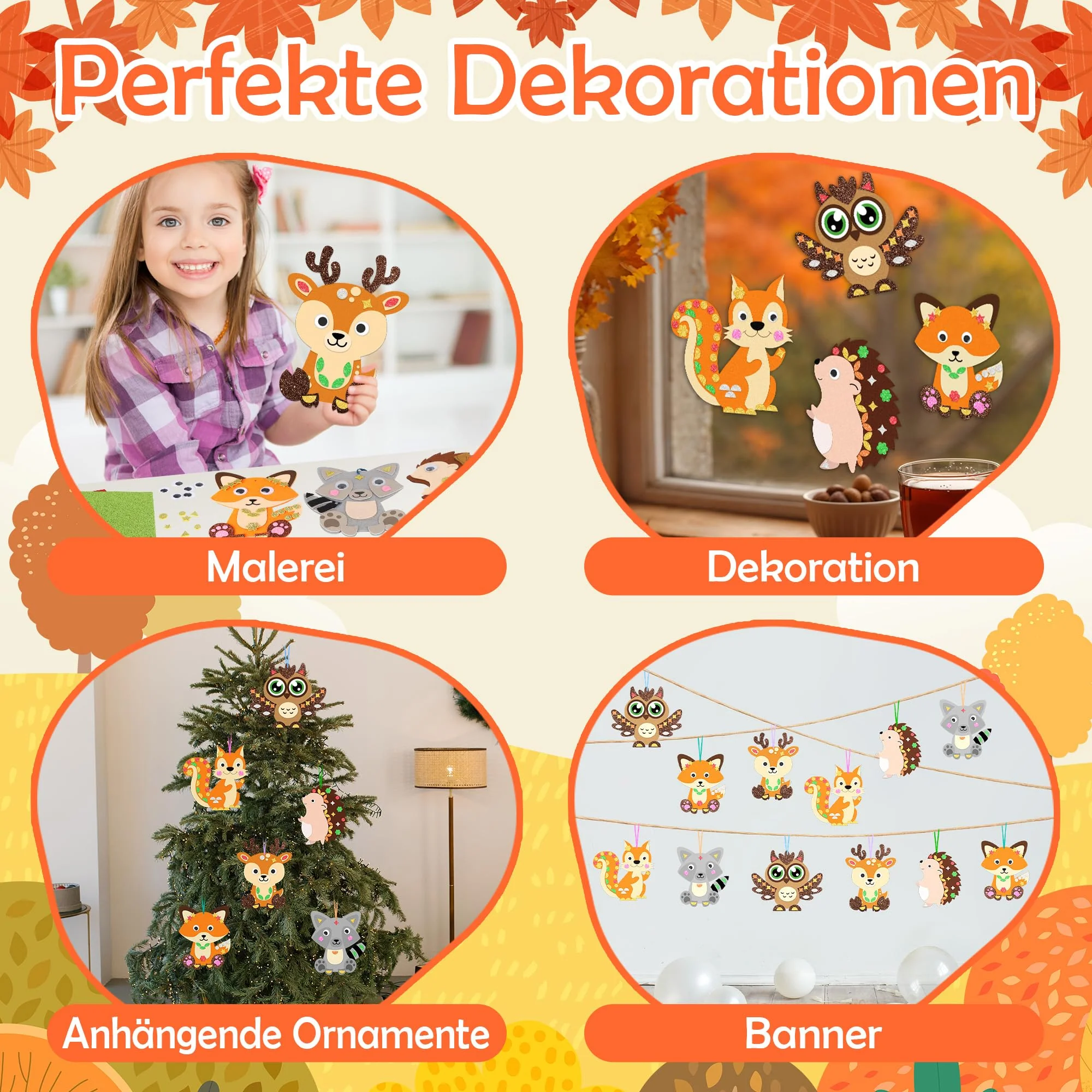Aragallant 12 Herbst Tier Bastelsets für Kinder 3+, Herbst Kreativsets zum Herbst Basteln Bastelhandwerk mit Moosgummi Schablonen Aufkleber, DIY Herbstdeko Fenster Anhänger - Image 4