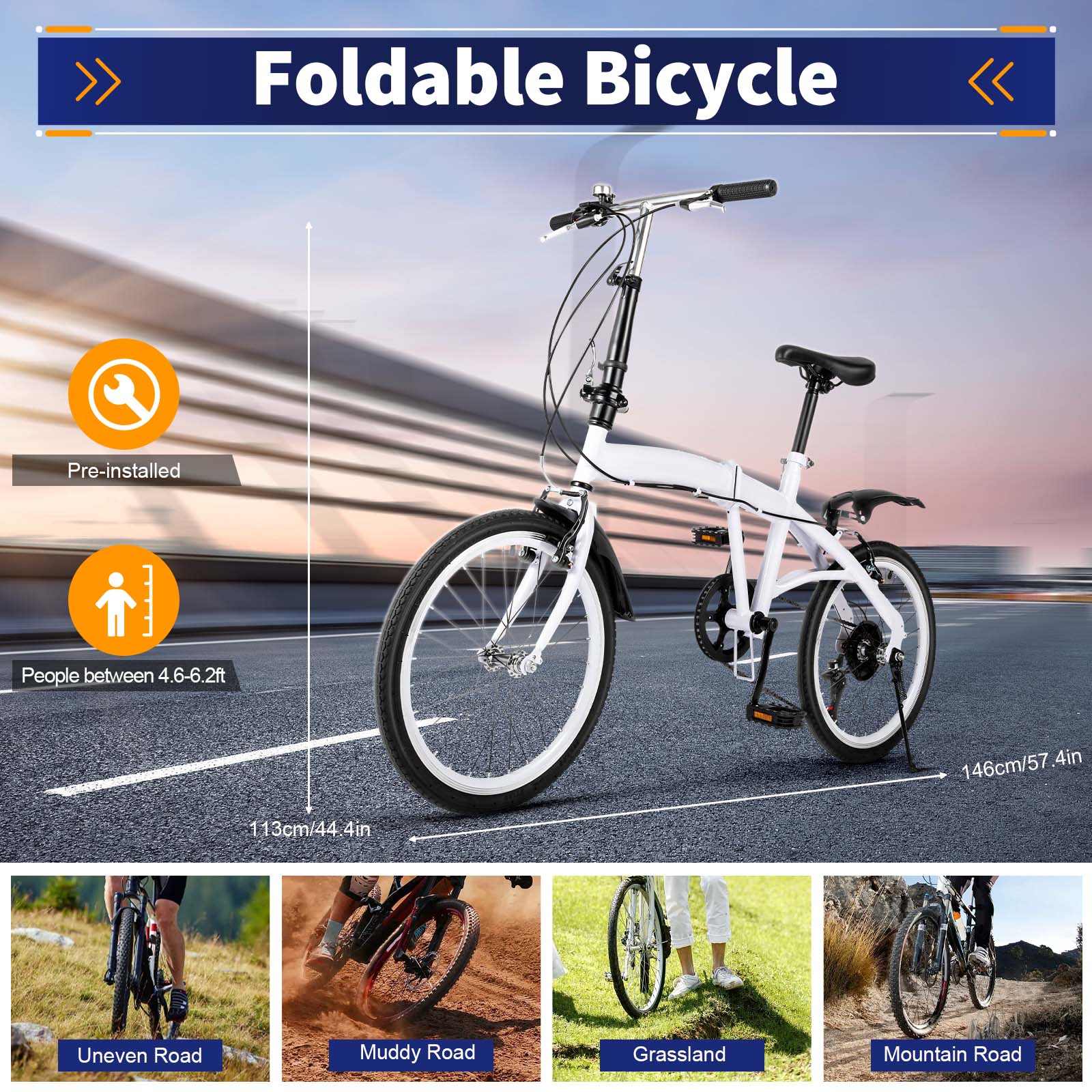 ARBGO 20 Zoll Faltrad, Klapprad, 6 Gang-Schaltung Klappfahrrad, Doppel-V-Bremse Faltrad Klapprad, Karbonstahl Klappbar Fahrräder, Höhenverstellbar, für Sport Outdoor Radfahren Pendeln, Weiß - Image 7