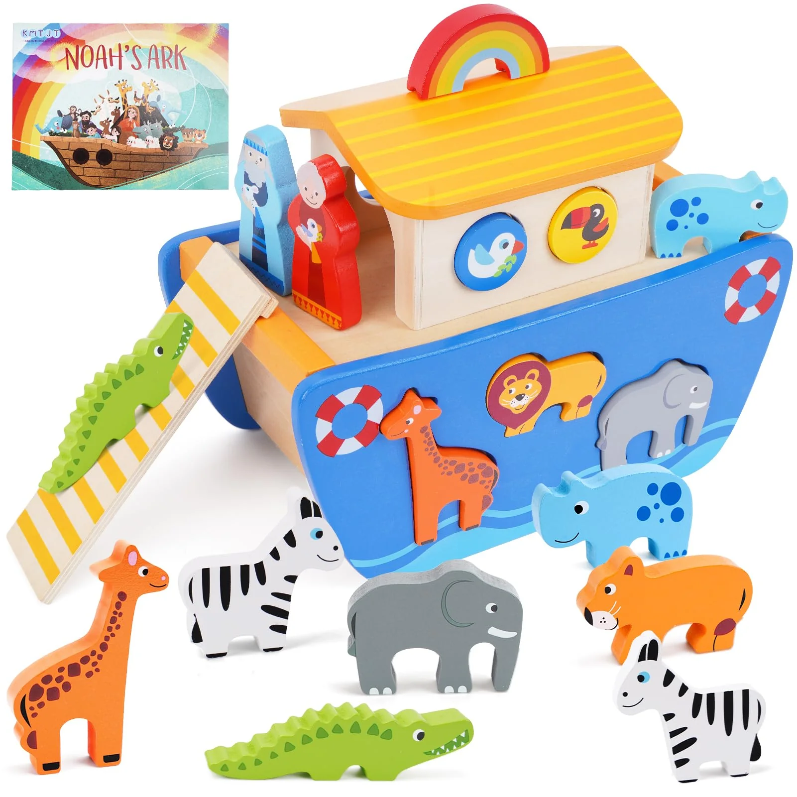 Arche Noah Holz | Holzspielzeug ab 1 2 3 Jahr Kinder | Taufgeschenke für Jungen Mädchen | Montessori Spielzeug Tier Sortier Stapel | Bibel Geschichte Buch Taufe