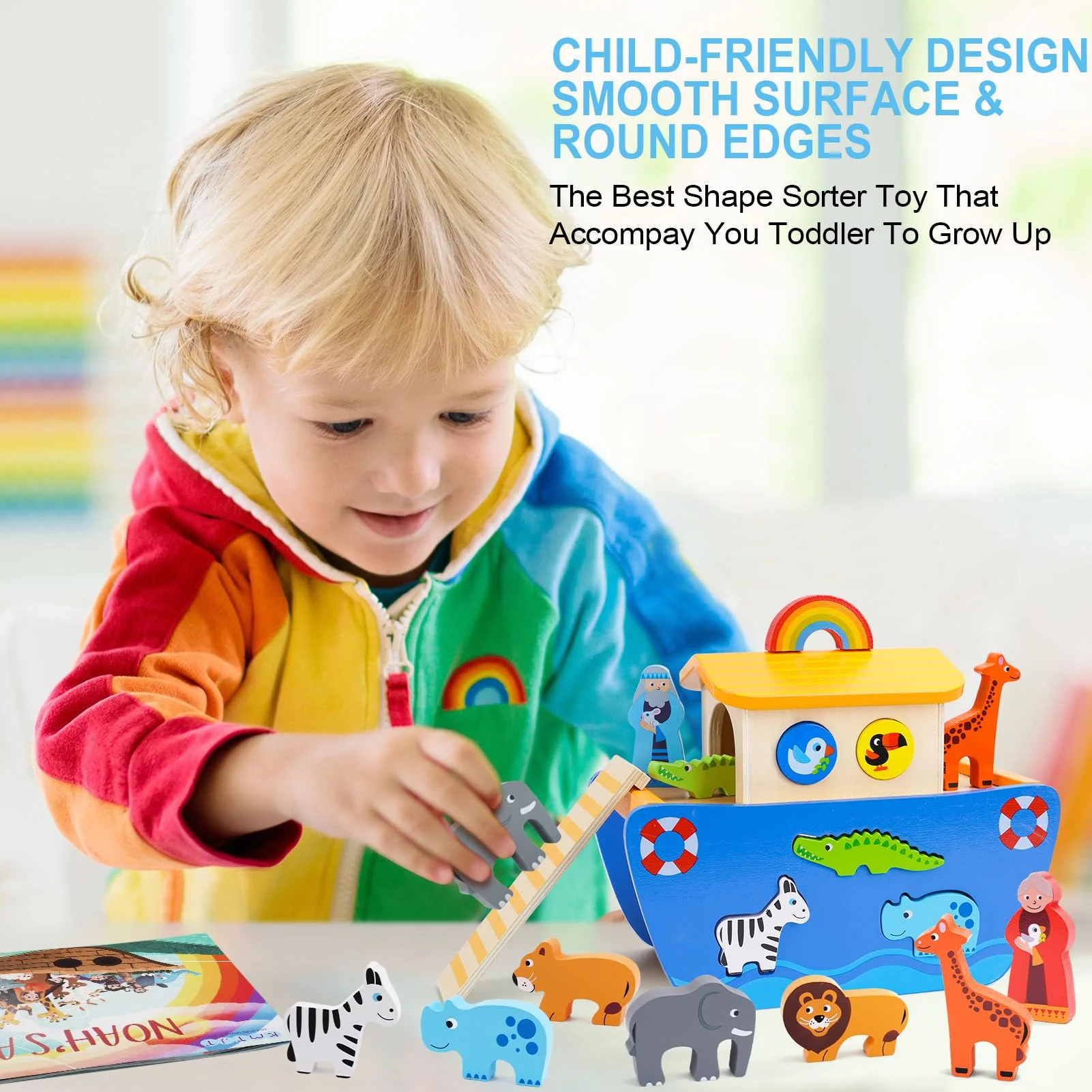 Arche Noah Holz | Holzspielzeug ab 1 2 3 Jahr Kinder | Taufgeschenke für Jungen Mädchen | Montessori Spielzeug Tier Sortier Stapel | Bibel Geschichte Buch Taufe - Image 3