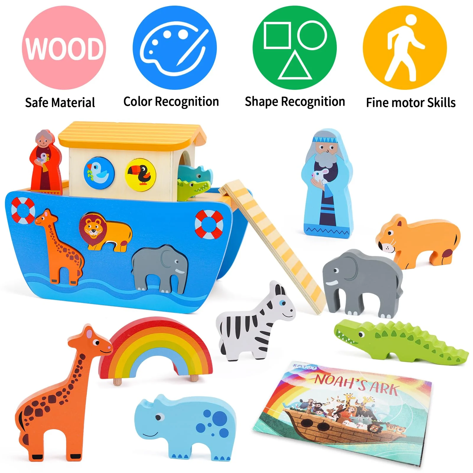 Arche Noah Holz | Holzspielzeug ab 1 2 3 Jahr Kinder | Taufgeschenke für Jungen Mädchen | Montessori Spielzeug Tier Sortier Stapel | Bibel Geschichte Buch Taufe - Image 6