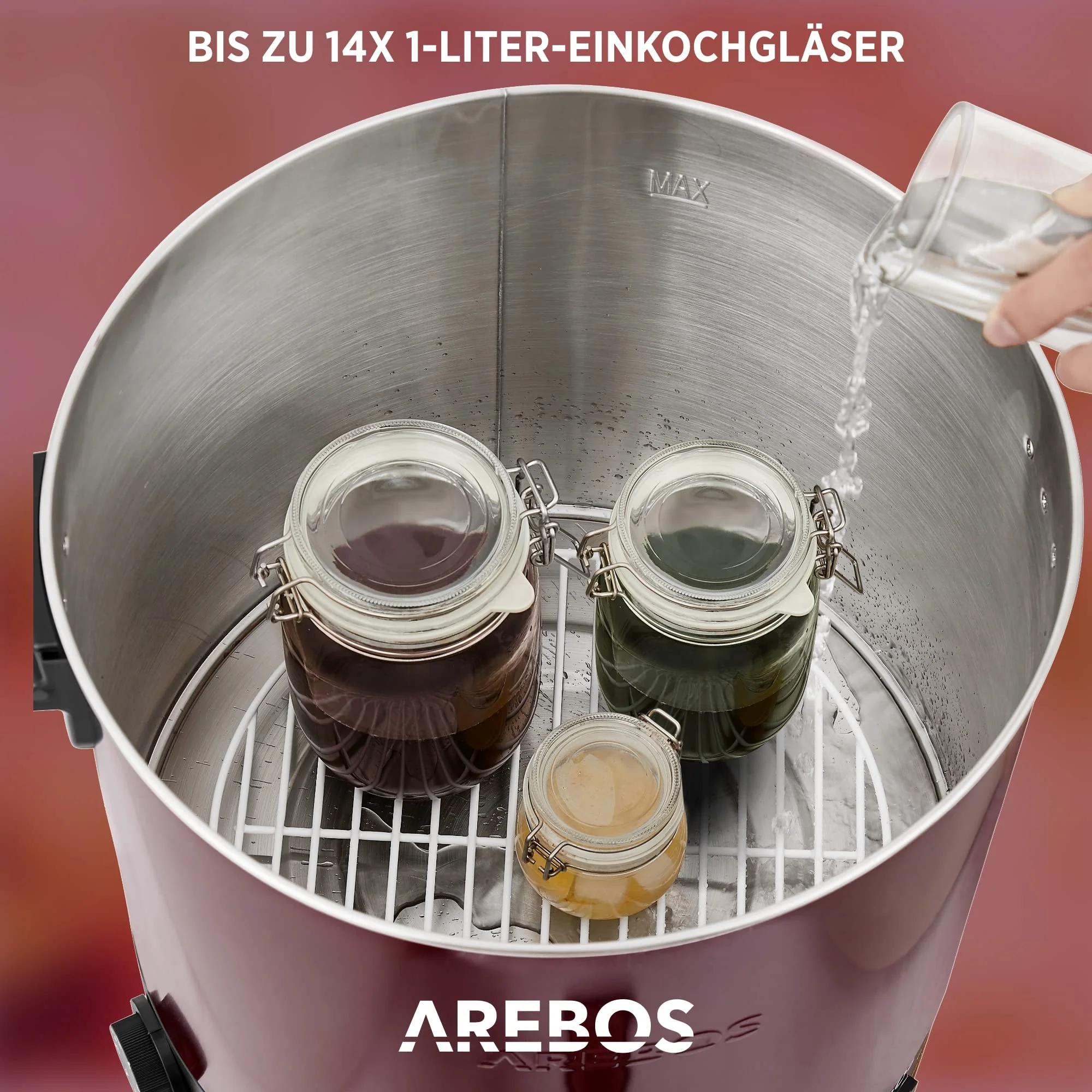 Arebos Einkochautomat 1800 W | Einkochtopf 28 L | mit Timer, Thermostat & Überhitzungsschutz | stufenlos einstellbar 30-110°C | Glühweinkocher | inkl. Einmachglasheber & Einmachtrichter | Rot - Image 3