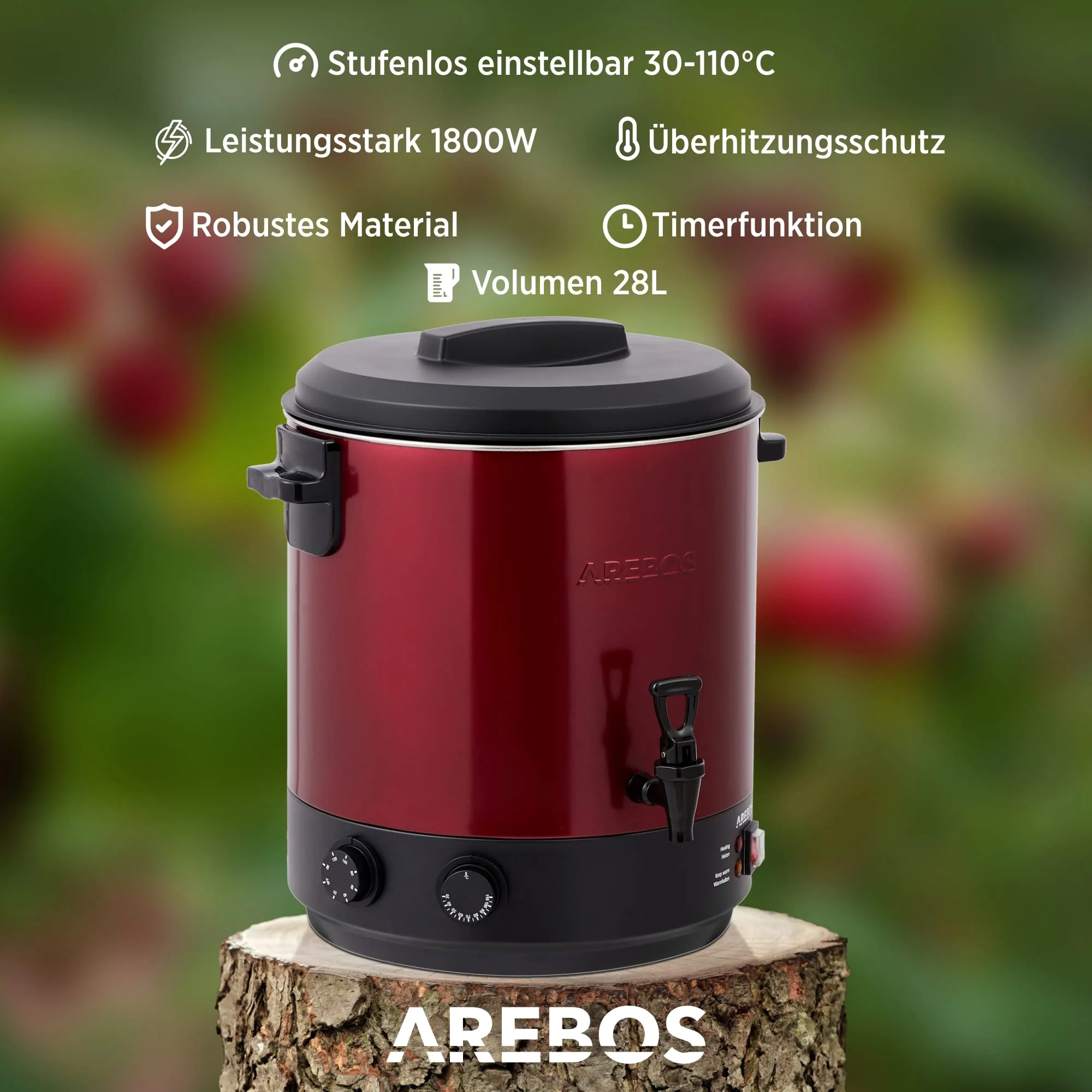 Arebos Einkochautomat 1800 W | Einkochtopf 28 L | mit Timer, Thermostat & Überhitzungsschutz | stufenlose Temperatureinstellung 30-110 °C| Zeitschaltuhr 20-120 min.| Glühweinkocher Heißgetränkeautomat - Image 4