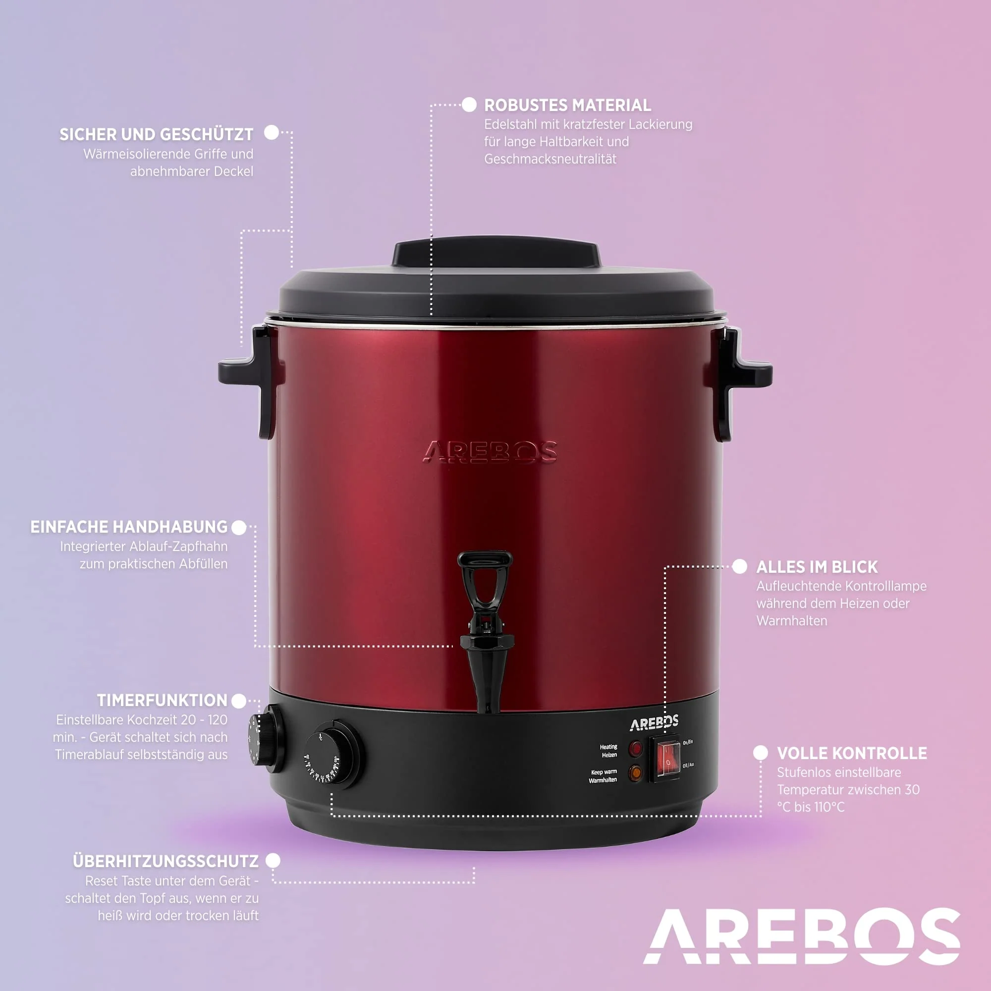 Arebos Einkochautomat 1800 W | Einkochtopf 28 L | mit Timer, Thermostat & Überhitzungsschutz | stufenlose Temperatureinstellung 30-110 °C| Zeitschaltuhr 20-120 min.| Glühweinkocher Heißgetränkeautomat - Image 7