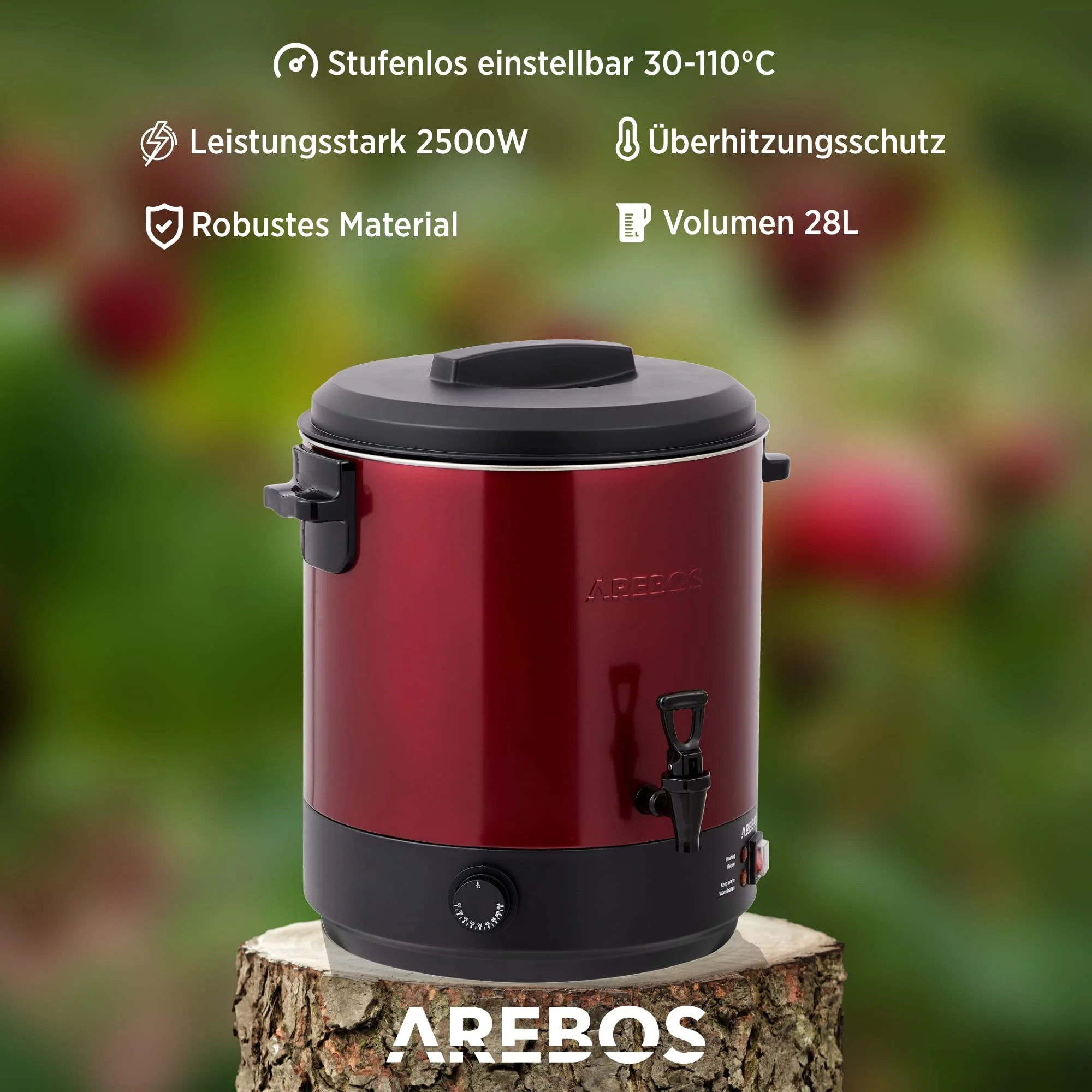 Arebos Einkochautomat 2500 W | Einkochtopf 28 L | mit Thermostat & Überhitzungsschutz | stufenlose Temperatureinstellung 30-110°C | Glühweinkocher | inkl. Einmachglasheber & Einmachtrichter | Weiß - Image 3