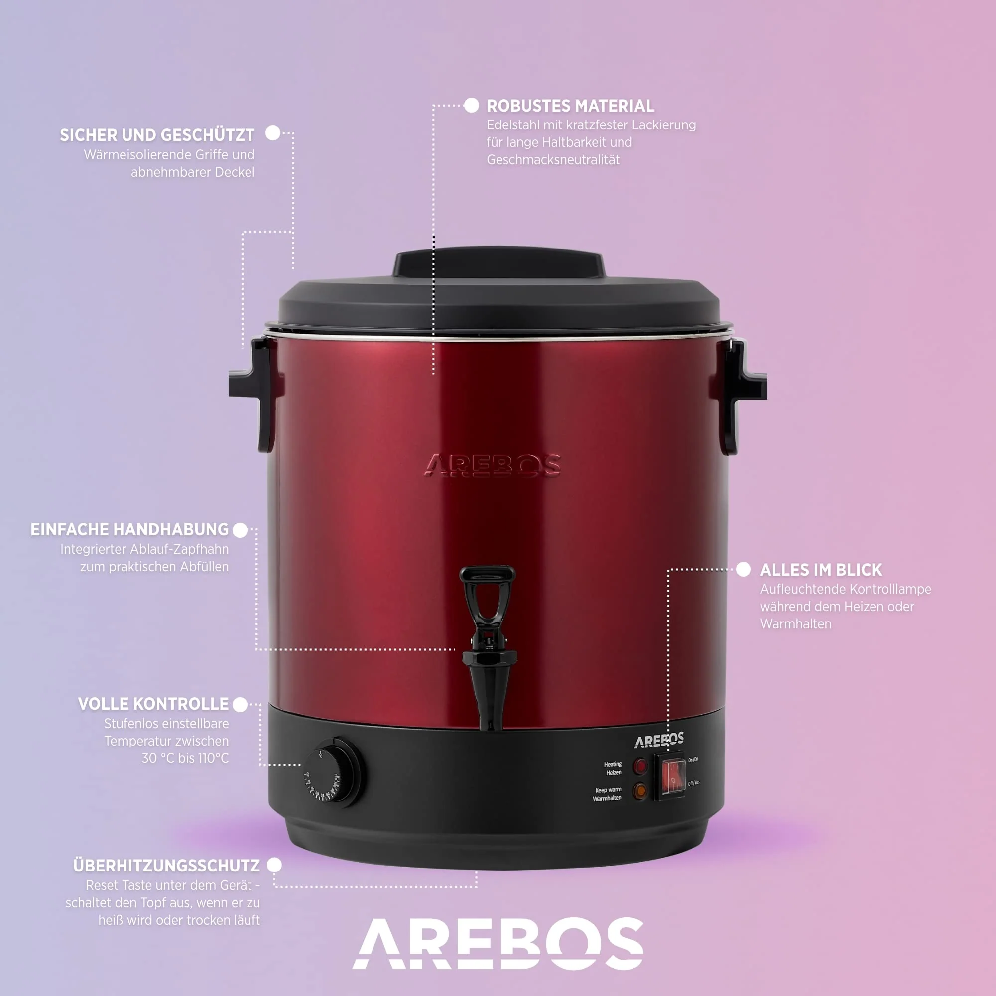 Arebos Einkochautomat 2500 W | Einkochtopf 28 L | mit Thermostat & Überhitzungsschutz | stufenlose Temperatureinstellung 30-110°C | Glühweinkocher | inkl. Einmachglasheber & Einmachtrichter | Weiß - Image 4