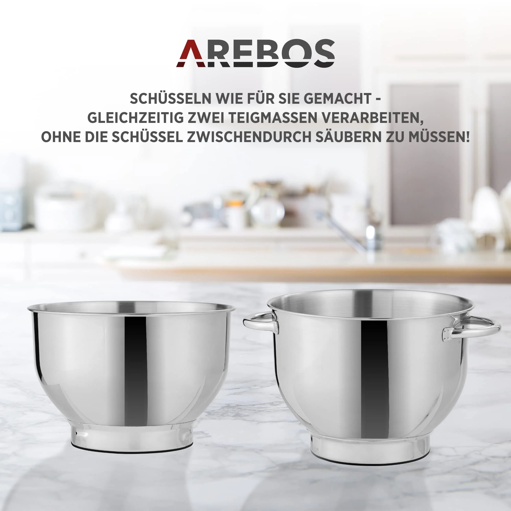Arebos Küchenmaschine 1500W Creme | Knetmaschine mit 2x Edelstahl-Rührschüsseln 4,5 & 5,5L | Geräuscharm | Küchenmixer mit Rührhaken, Knethaken, Schlagbesen und Spritzschutz | 6 Geschwindigkeiten - Image 5