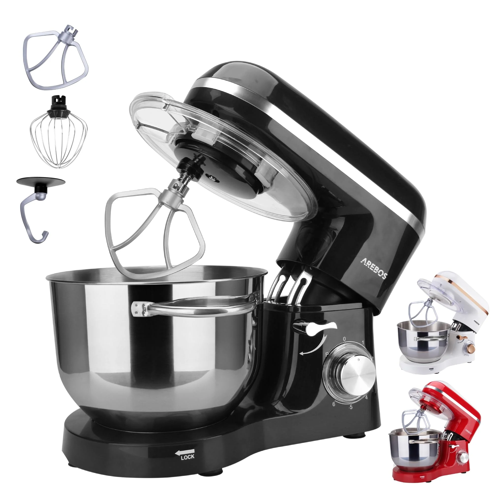 Arebos Küchenmaschine 1500W mit 6L Edelstahl-Rührschüssel | Weiß-Roségold | inkl. Rührhaken, Knethaken, Schneebesen | Spritzschutz | 6 Geschwindigkeiten | Knetmaschine | Teigmaschine - Image 3