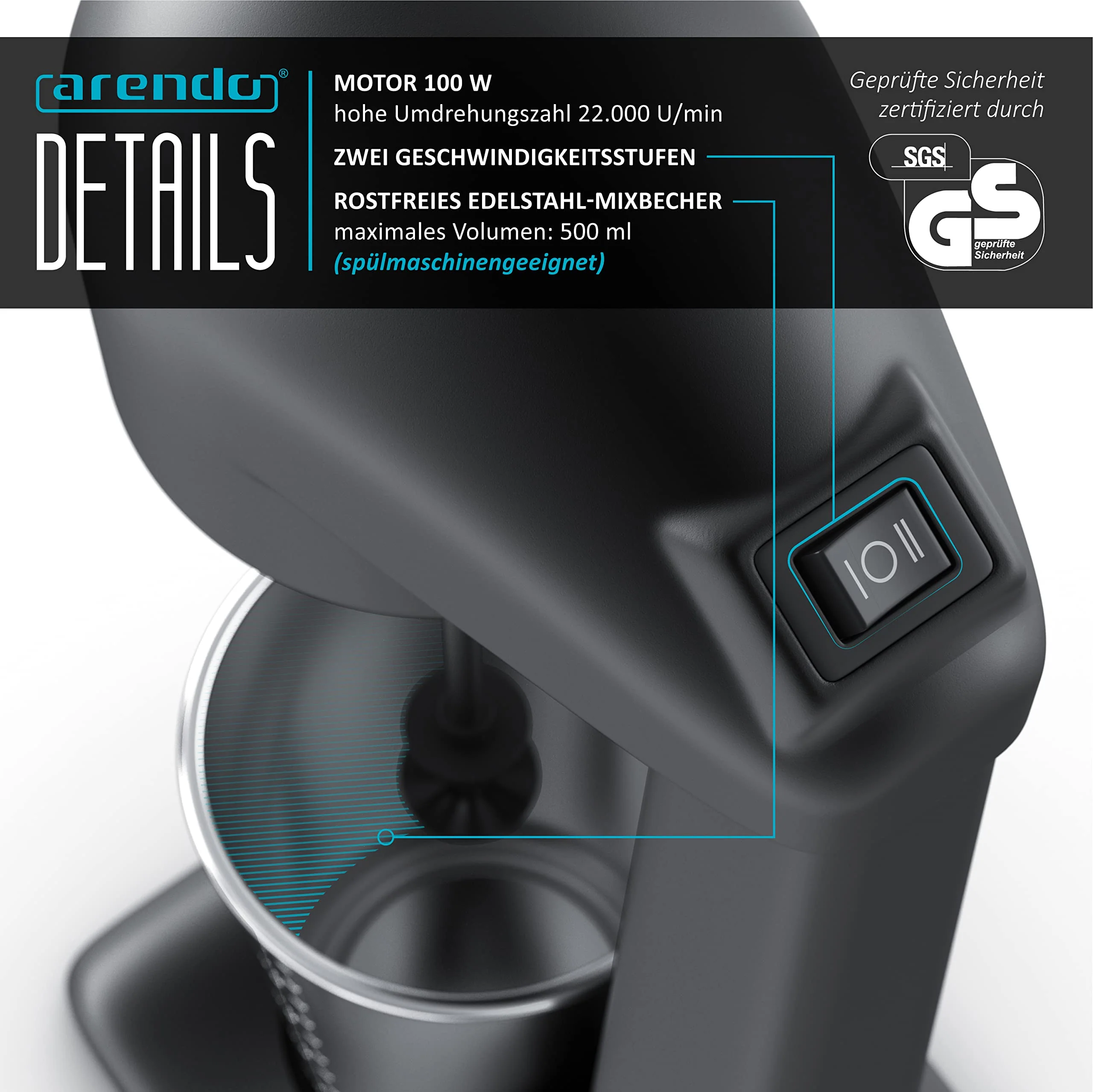 Arendo - Drink Mixer - Eiweiß Shaker - Getränkemixer - elektrischer Standmixer - 500 ml Becher - 22.000 U min - 2 Geschwindigkeitsstufen - Fitness Protein Drinks Smoothies Milchshakes Cocktails - Image 3