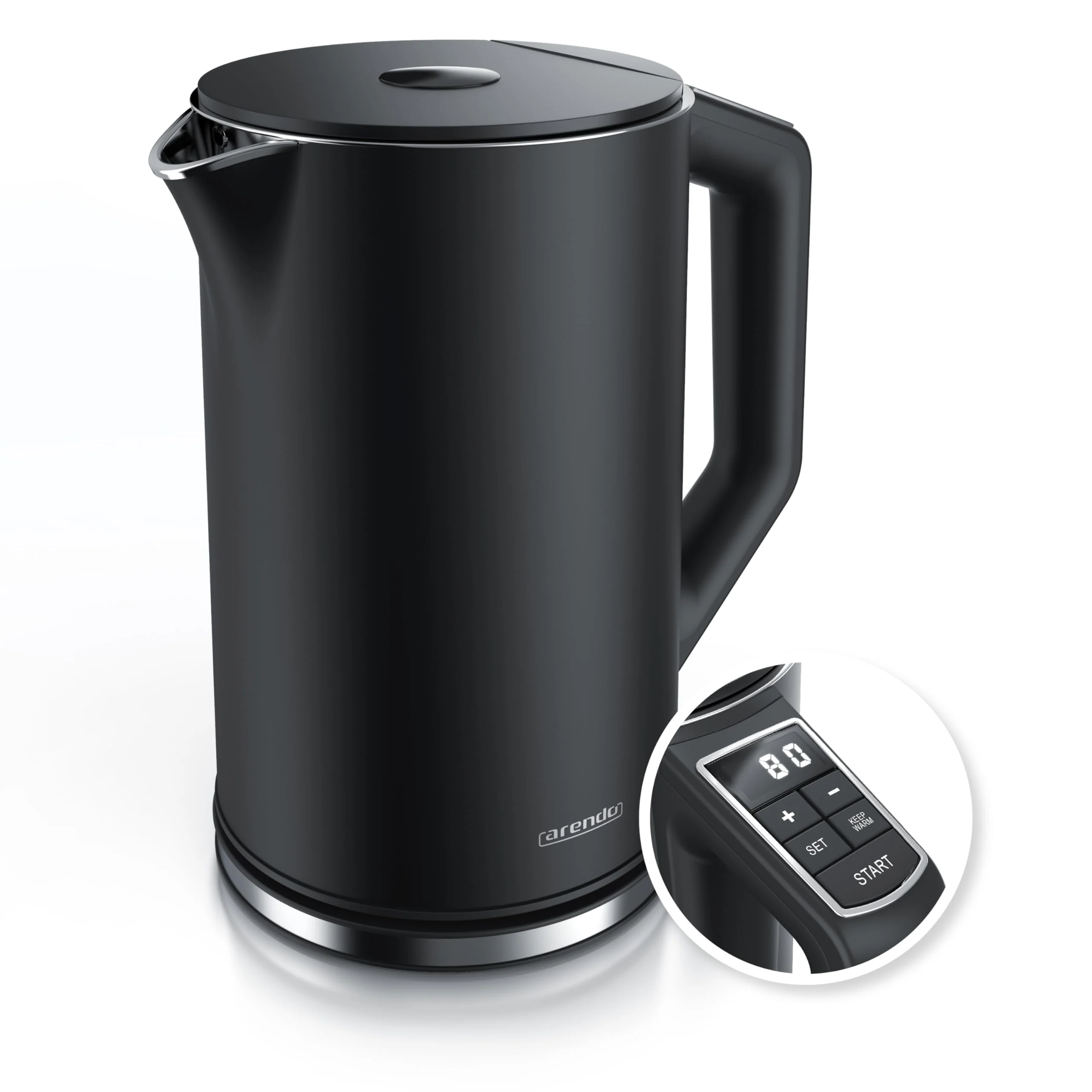 Arendo - Edelstahl Wasserkocher mit Temperatureinstellung 40-100 Grad in 5er Schritten - Doppelwand Design - Modell ELEGANT - 1,5 Liter - 2200 W - Teekocher mit Temperaturanzeige - GS - Pearl Grey - Image 6