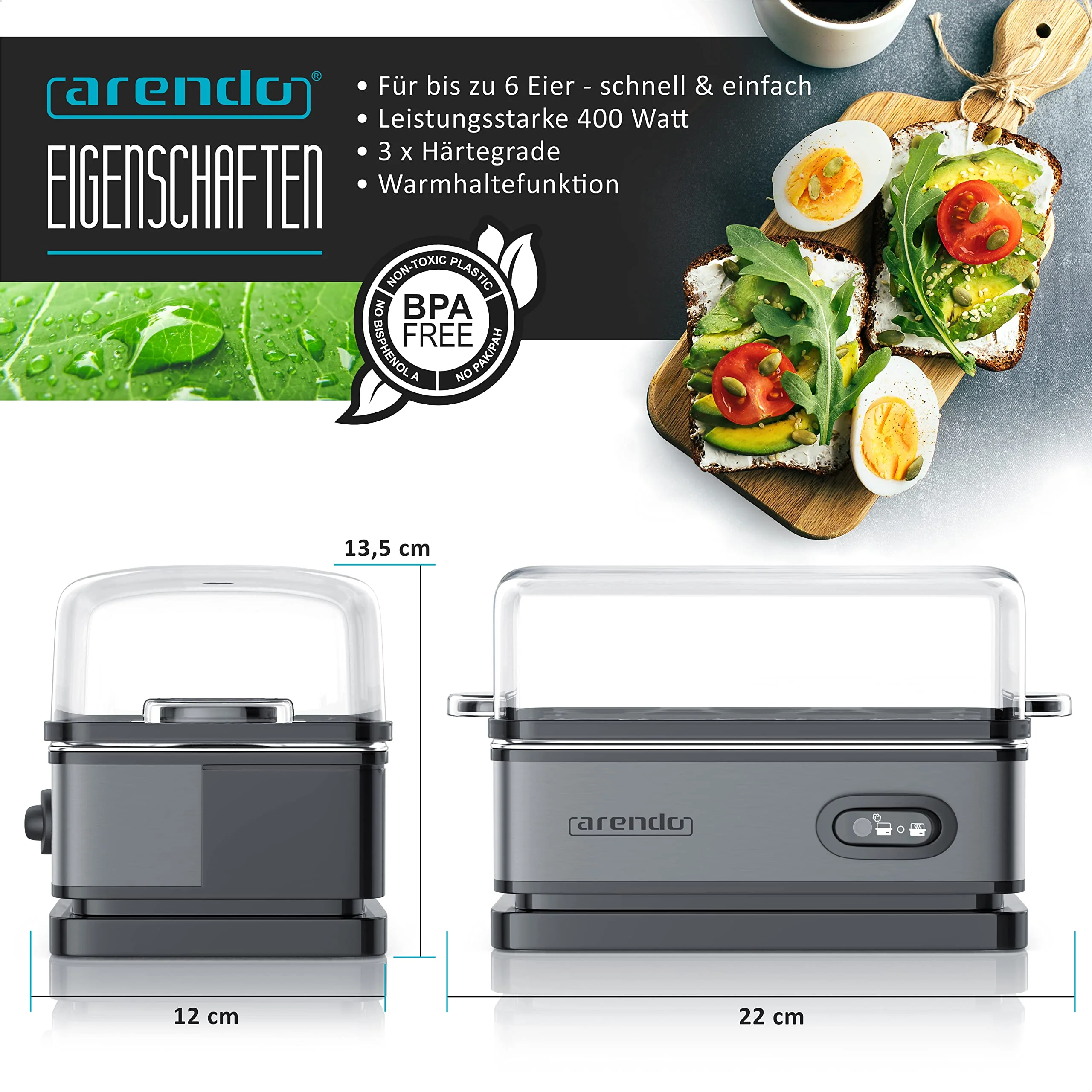 Arendo - Eierkocher Edelstahl mit Warmhaltefunktion - Kipp-Funktionsschalter mit Indikationsleuchte - frei wählbarer Härtegrad - rostfreier gebürsteter Edelstahl - BPA-frei - in Cool Grey - Image 3