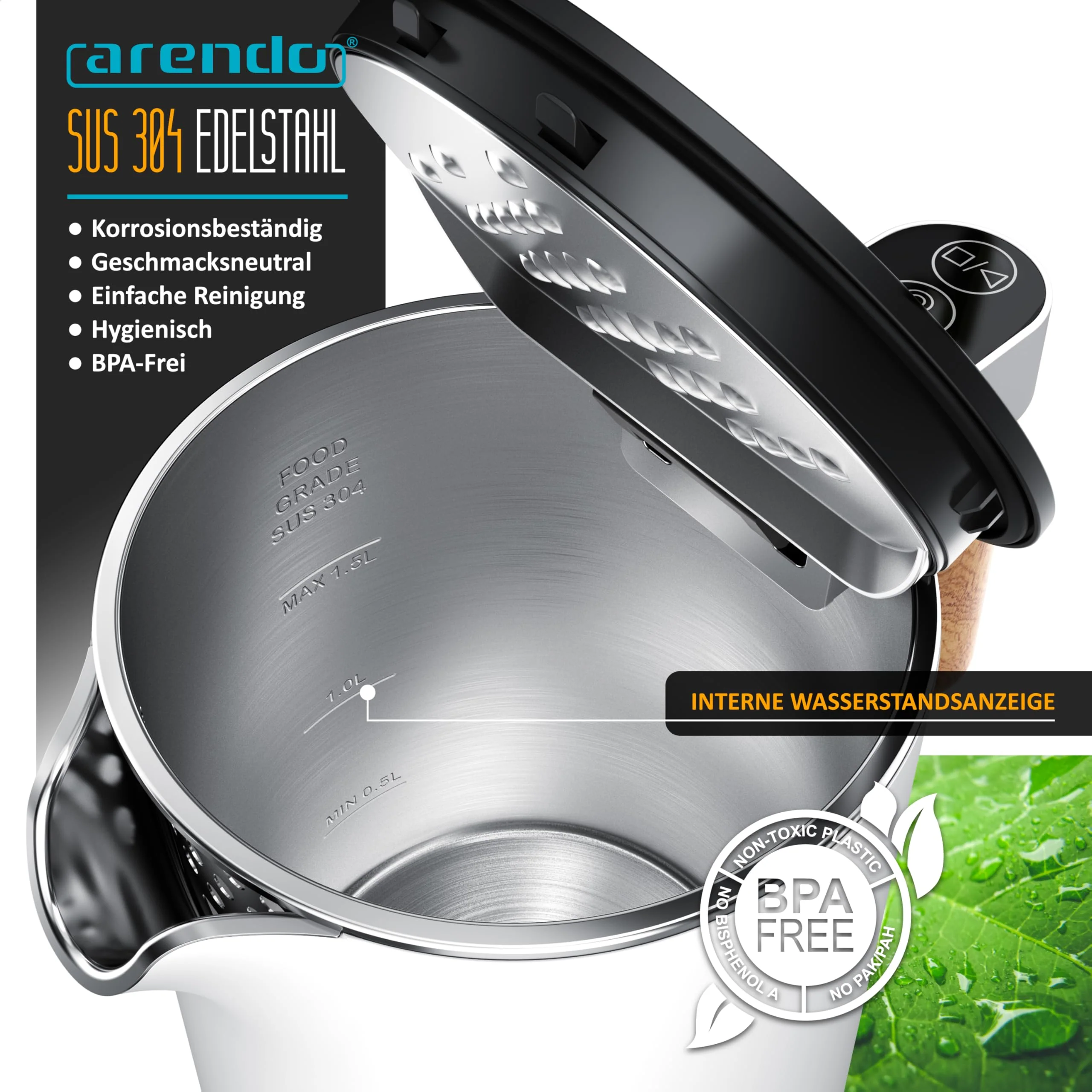 Arendo - Wasserkocher Edelstahl mit Temperatureinstellung - 45°C-100°C - 1.5 Liter - Doppelwand - BPA frei - Warmhaltefunktion - Teekocher mit Temperaturanzeige - Griff Cool Touch - weiß matt - Image 5