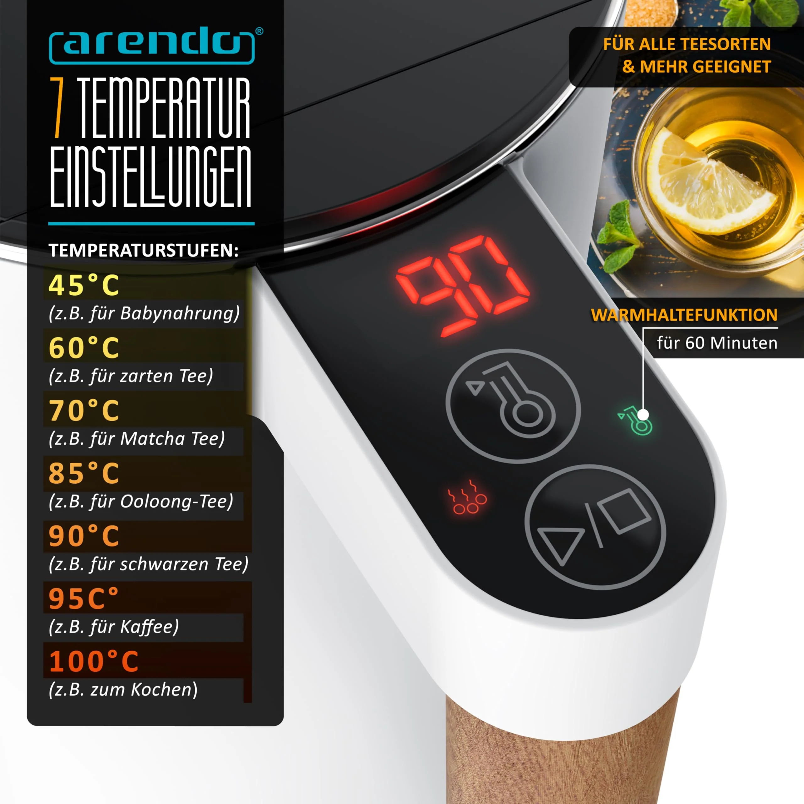Arendo - Wasserkocher Edelstahl mit Temperatureinstellung - 45°C-100°C - 1.5 Liter - Doppelwand - BPA frei - Warmhaltefunktion - Teekocher mit Temperaturanzeige - Griff Cool Touch - weiß matt - Image 7