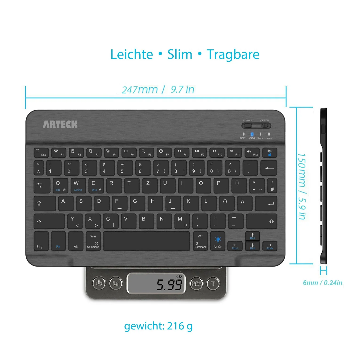 Arteck Bluethooth QWERTZ Deutsche Wireless Tastatur mit 7 Farben Ultraleicht und dünn Tragbare Kabellose, für iPad Pro, Air, Mini, Android, MacOS, Windows, Tablets, PC, Smartphone - Image 5