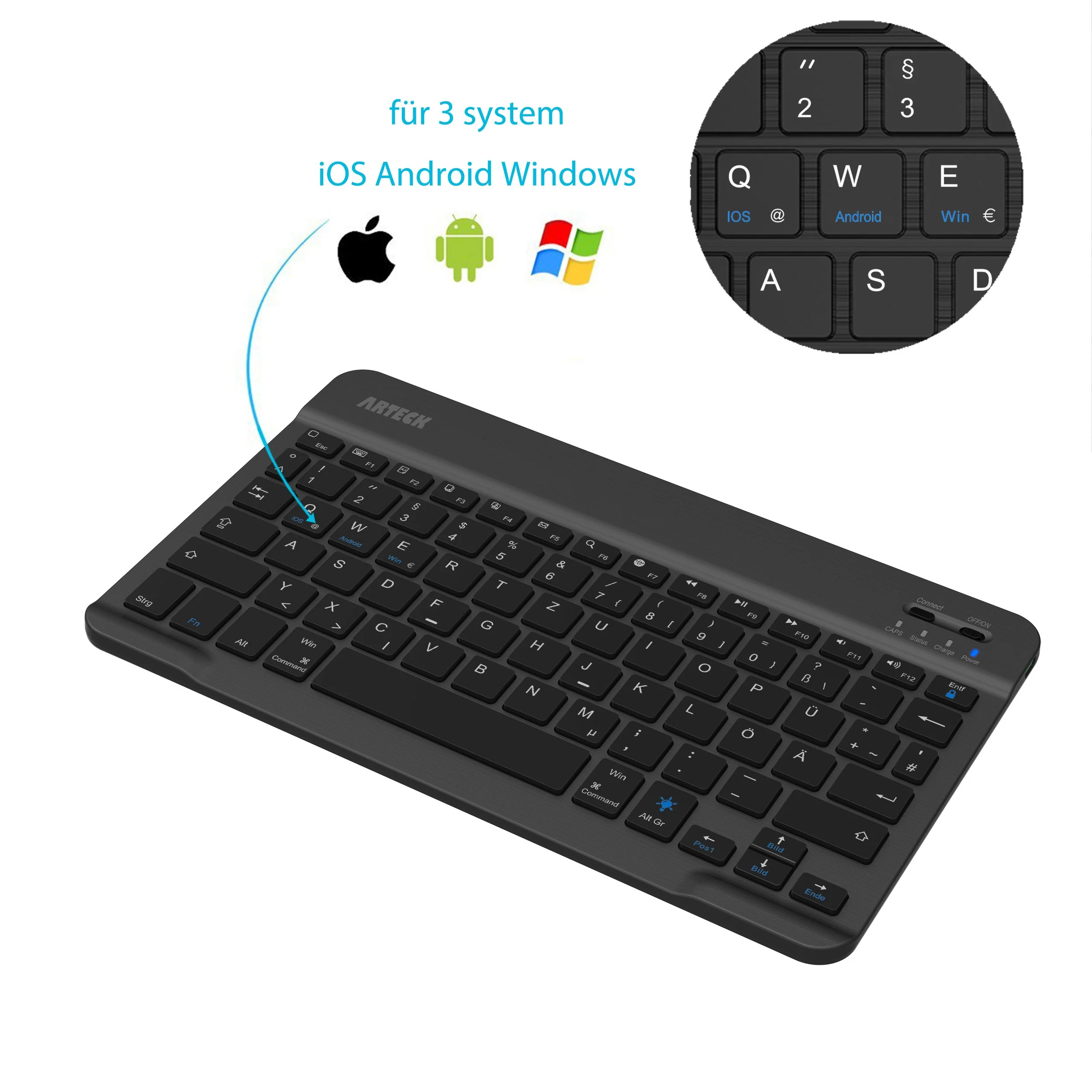 Arteck Bluethooth QWERTZ Deutsche Wireless Tastatur mit 7 Farben Ultraleicht und dünn Tragbare Kabellose, für iPad Pro, Air, Mini, Android, MacOS, Windows, Tablets, PC, Smartphone - Image 6
