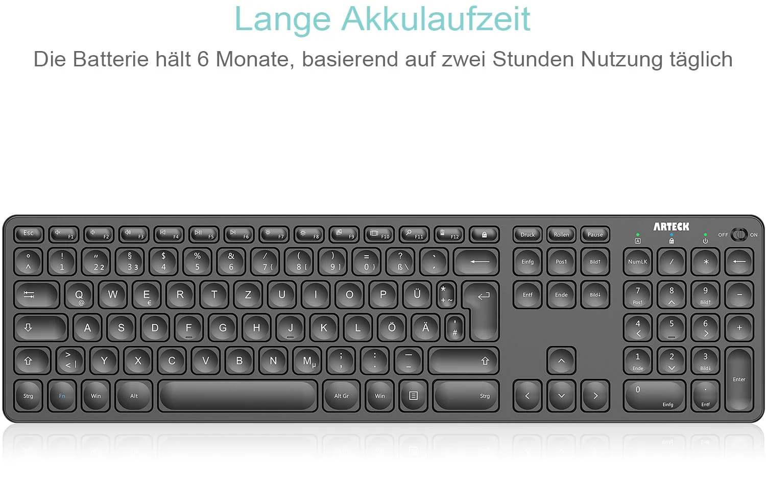 Arteck Kabellose Tastatur, Deutsches QWERTZ Layout wiederaufladbare USB Anschluss 2,4 GHz Kabellos Tastatur mit Multimedia-Tasten, Kompatibel mit PC, Computer, Notebook, Laptop, Windows 11, 10, 8 - Image 4