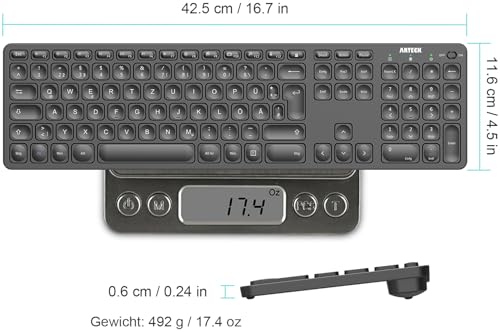 Arteck Kabellose Tastatur, Deutsches QWERTZ Layout wiederaufladbare USB Anschluss 2,4 GHz Kabellos Tastatur mit Multimedia-Tasten, Kompatibel mit PC, Computer, Notebook, Laptop, Windows 11, 10, 8 - Image 9