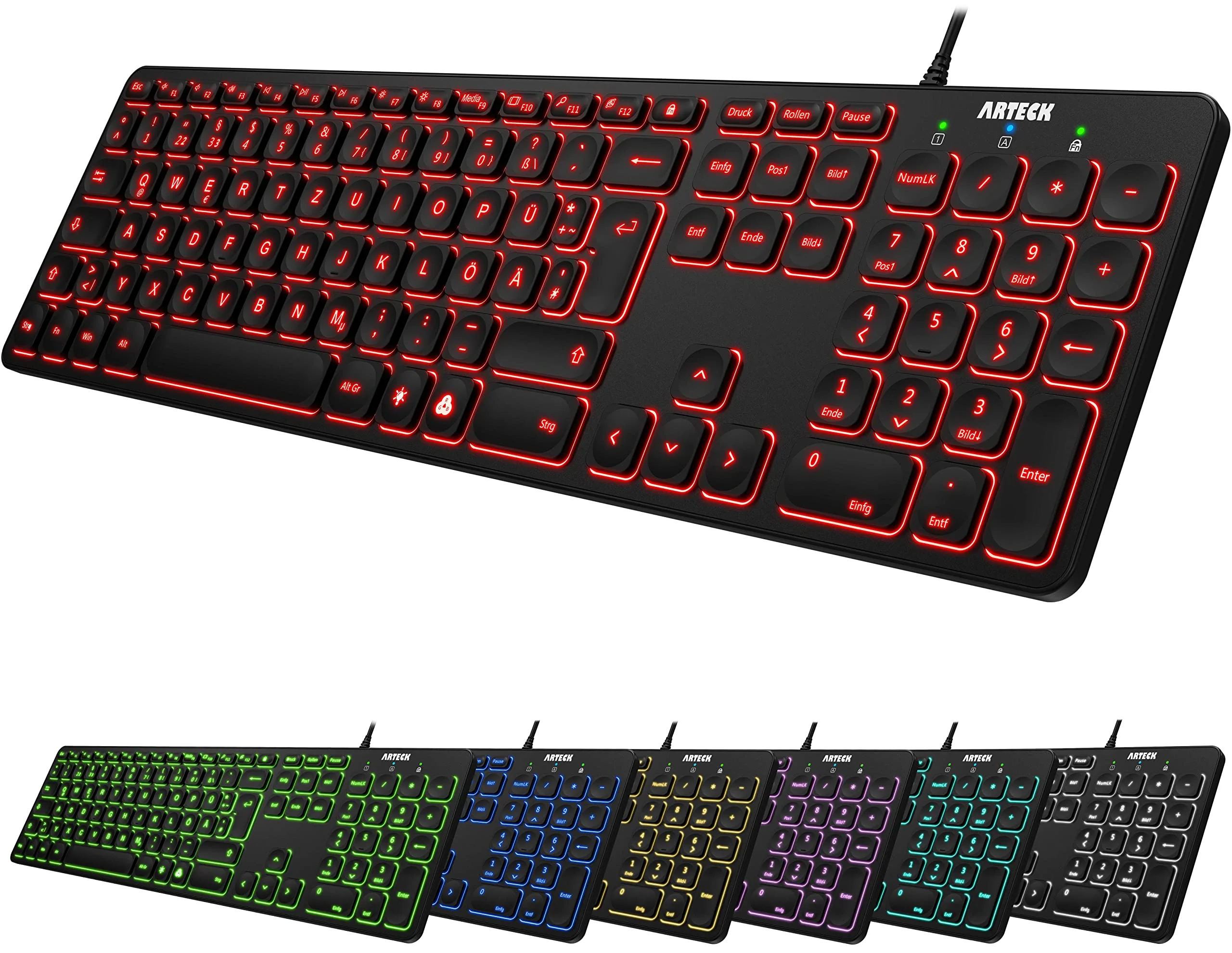 Arteck USB Kabelgebundene Tastatur Hintergrundbeleuchtung 7 Farben & Einstellbare Helligkeit Full Size Tastatur mit 1,8m langem Kabel, numerischem Keypad, für Computer Desktop Laptop und Windows 11 10 - Image 6