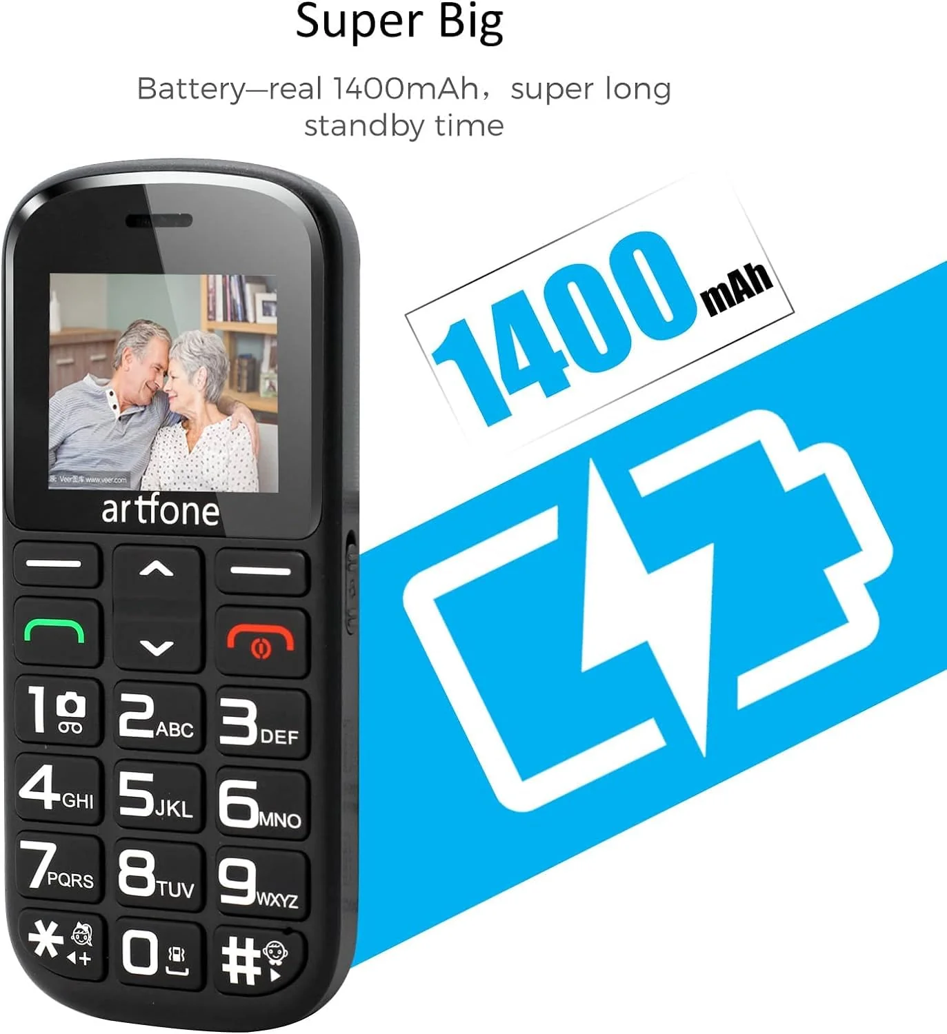 artfone 182 Seniorenhandy mit großen Tasten | Seniorenhandy ohne Vertrag | GSM Dual-SIM-Handy für Senioren mit Notruftaste |1.77 -Inch Rentner Handy |1400 mAh - Image 6