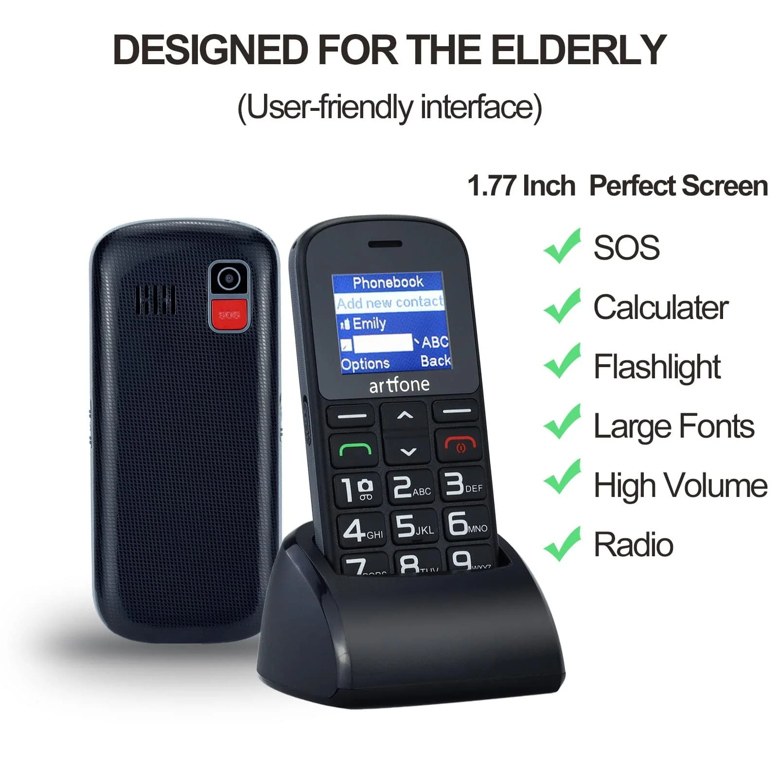 artfone CS182 Seniorenhandy ohne Vertrag丨Mobiltelefon mit großen Tasten丨GSM Dual SIM Rentner Handy丨Ladestation丨SOS Notruftaste丨1,8 Zoll Farbdisplay丨FM丨Lange Standby-Zeit丨Großtastenhandy - Schwarz - Image 3