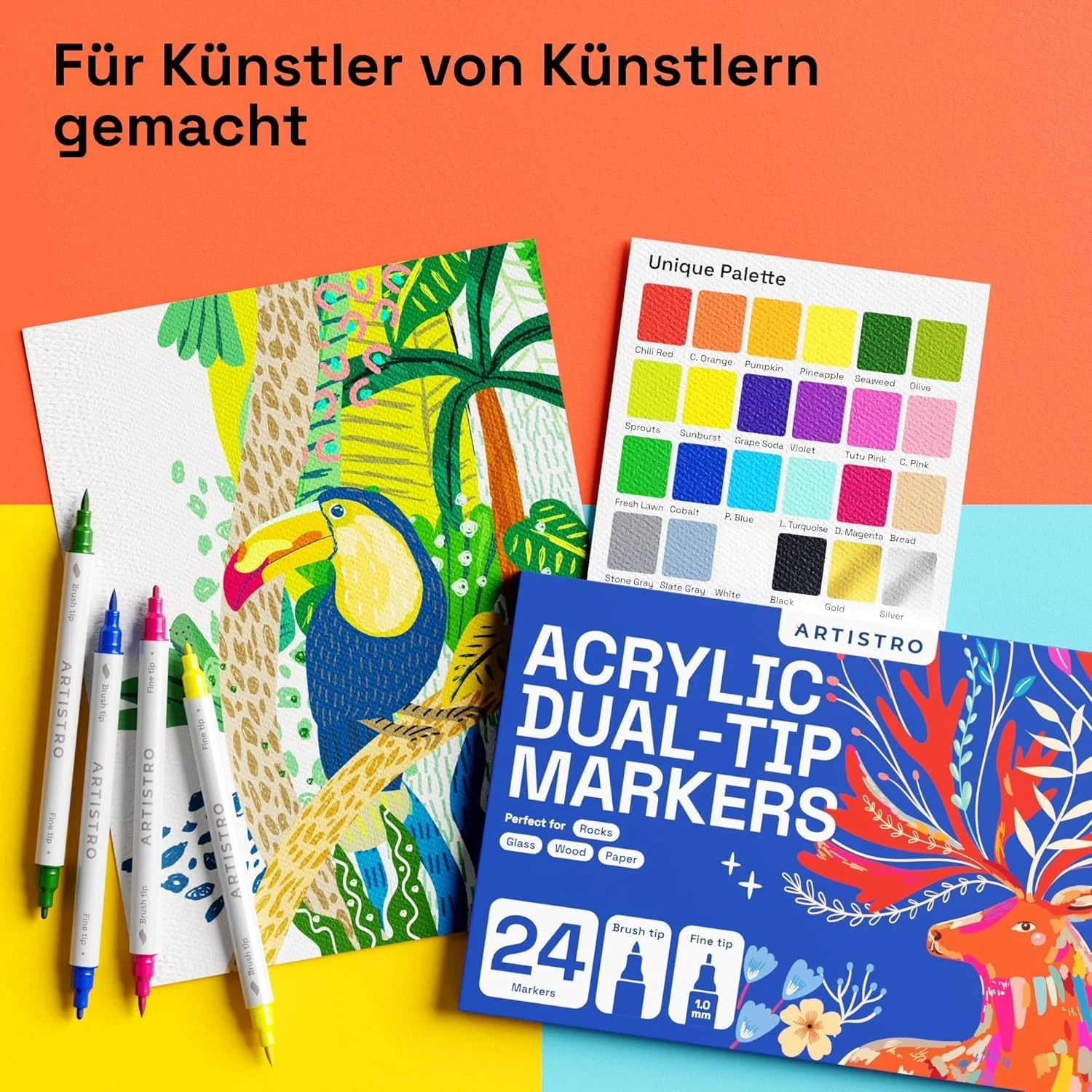 Artistro Acrylfarbenstifte, Kunstset, Acrylfarbenmarker mit Doppelspitze, Acrylmarker für Stoff, Leinwand, Stein, Glas, Holz, Papier, Heimwerken (Doppelspitze + fein, 24) - Image 5