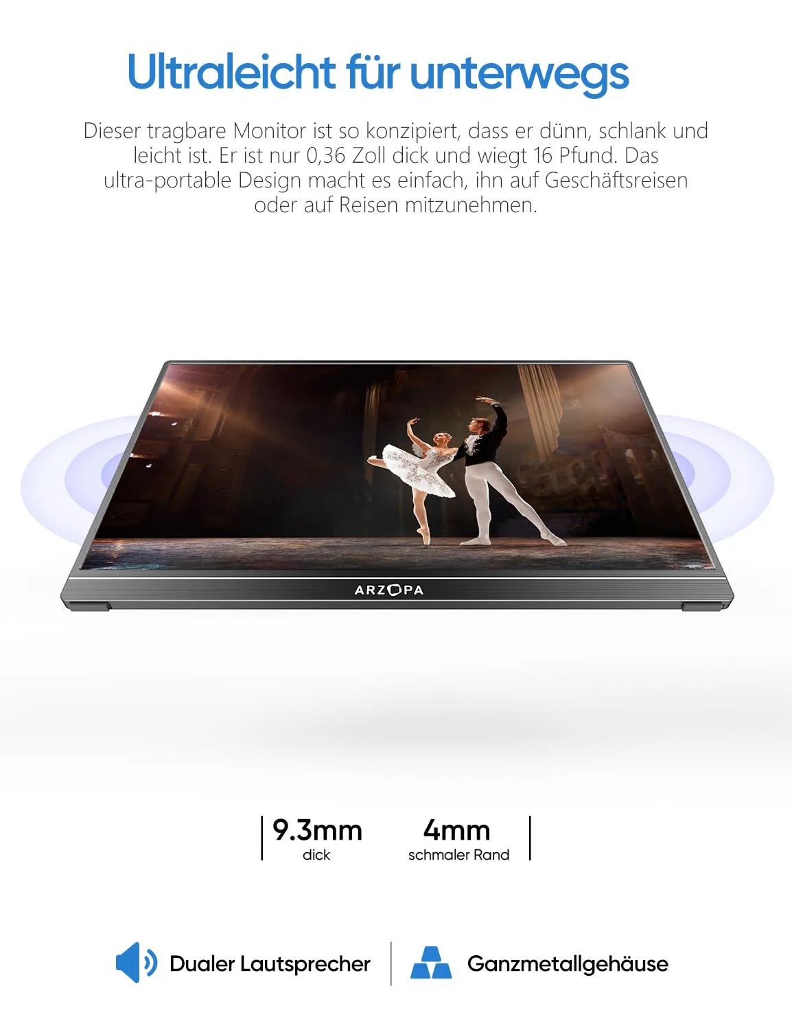 ARZOPA 16.0" 2.5k Portable Monitor, 2560x1600 HDR Display, 500nits 8bit QHD, USB-C HDMI Tragbarer Monitor für Laptop, 16:10 IPS, Unipolar Support für Mac PC PS4/5 Xbox Switch - Image 2