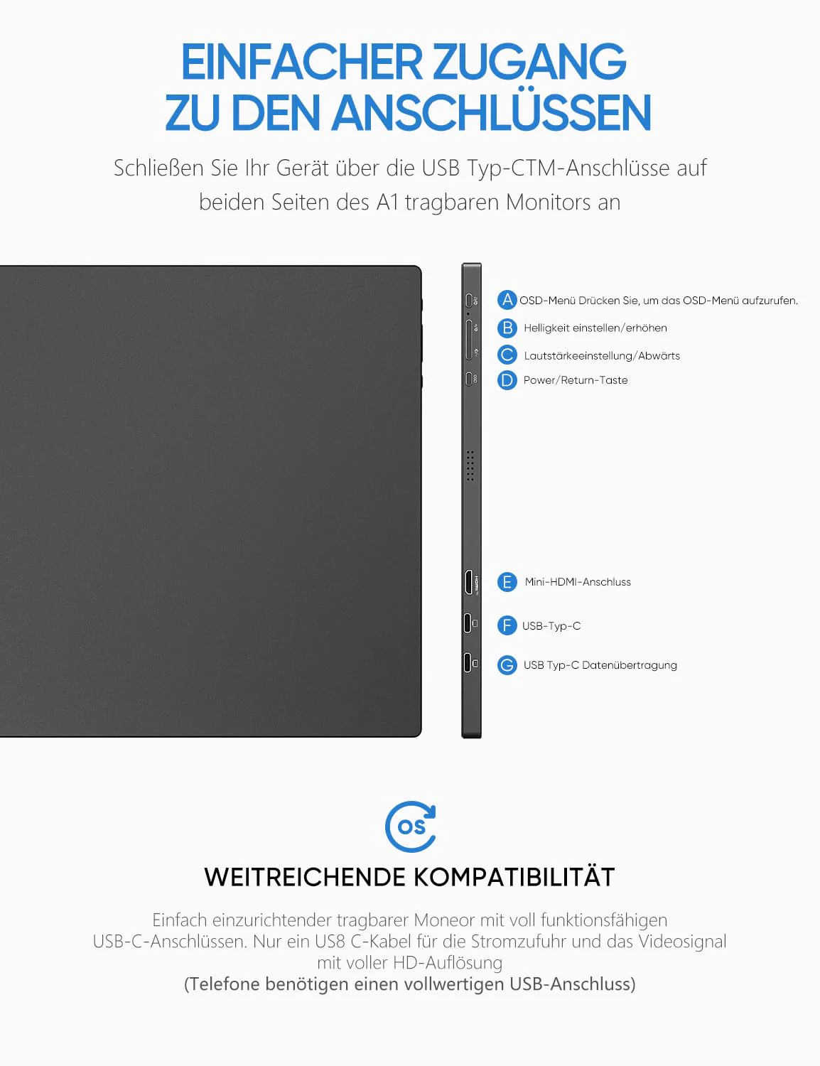 ARZOPA 16.0" 2.5k Portable Monitor, 2560x1600 HDR Display, 500nits 8bit QHD, USB-C HDMI Tragbarer Monitor für Laptop, 16:10 IPS, Unipolar Support für Mac PC PS4/5 Xbox Switch - Image 4