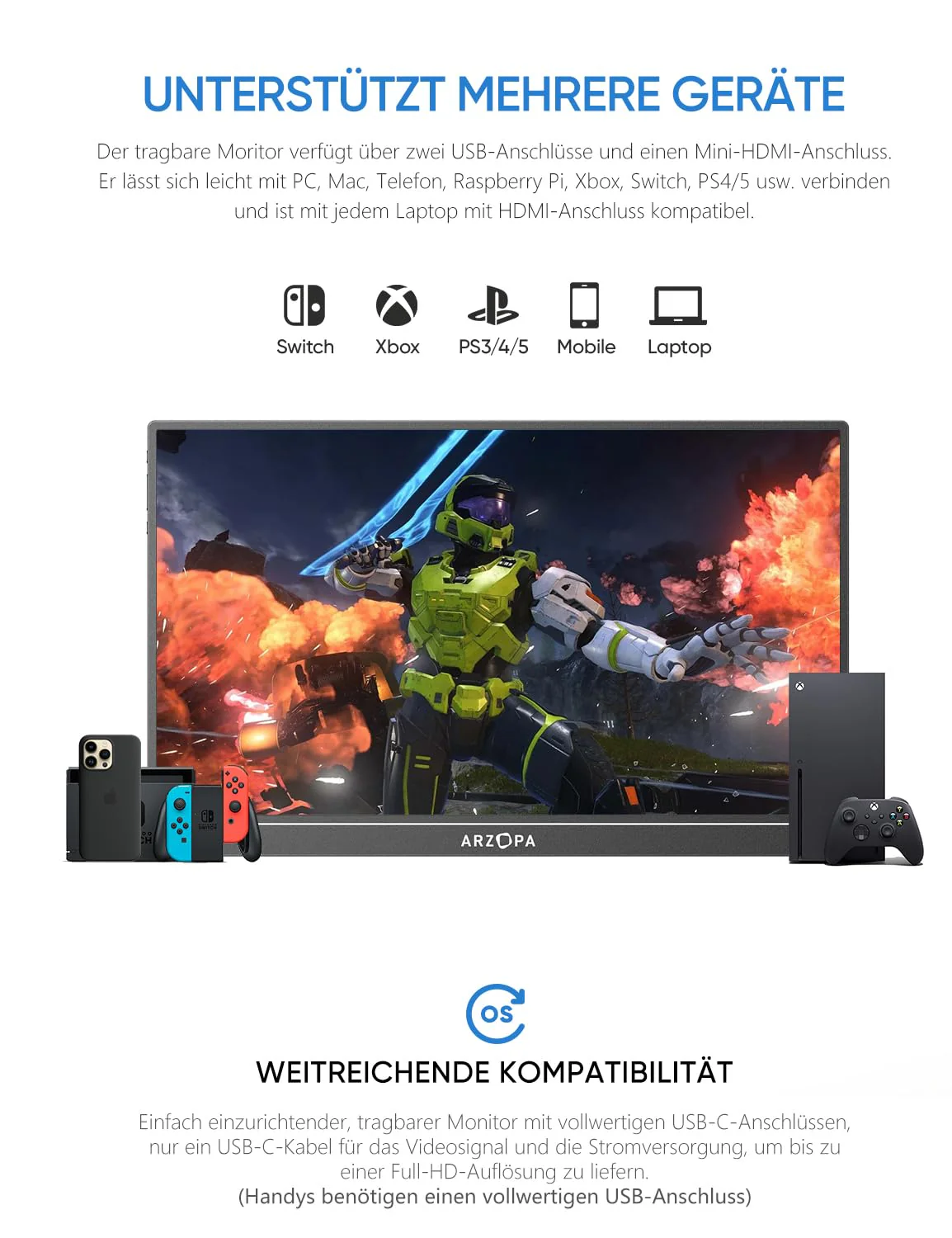 ARZOPA 16.0" 2.5k Portable Monitor, 2560x1600 HDR Display, 500nits 8bit QHD, USB-C HDMI Tragbarer Monitor für Laptop, 16:10 IPS, Unipolar Support für Mac PC PS4/5 Xbox Switch - Image 7